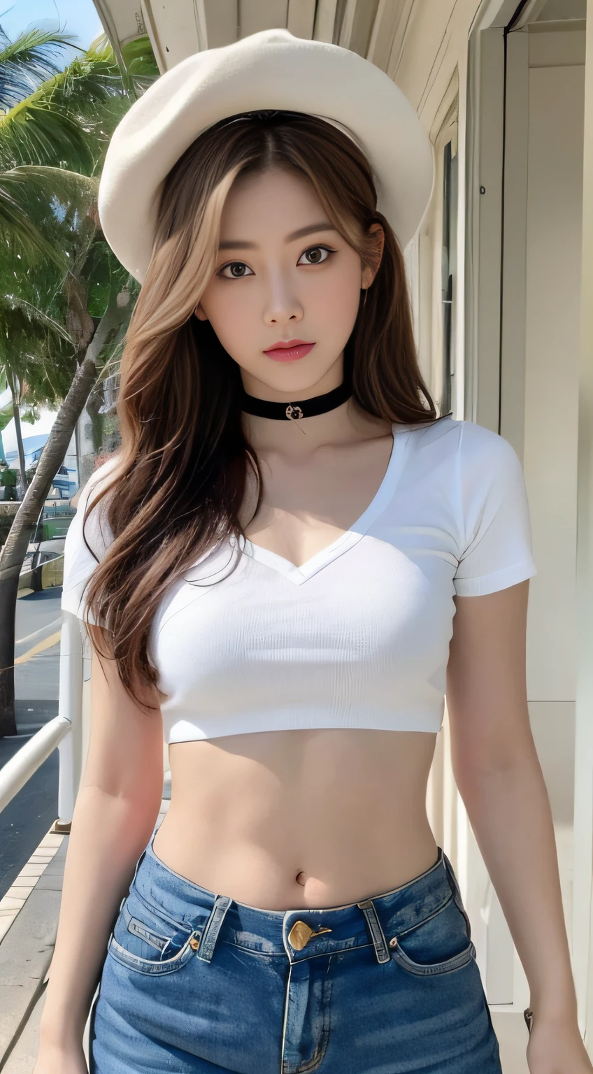 ((Top Quality, 8k, Masterpiece: 1.3)), Crisp Focus: 1.2, Beautiful Women in Perfect Style: 1.4, Slender Abs: 1.2, ((Dark Brown Hair, Big: 1.2)), Angel Face, Detailed Face, Beautiful Girl, Cute, White T-shrt, Jeans, Waikiki Beach: 1.2, Palm Tree, (Front Shot), (Full Length Photo: 1.3,), Highly detailed face and skin texture, detailed eyes, double eyelids (Cowboy shot: 1.2),(Perfect anatomy:1.2),(Wide hips:1.1), Choker, Beret: 1.2,