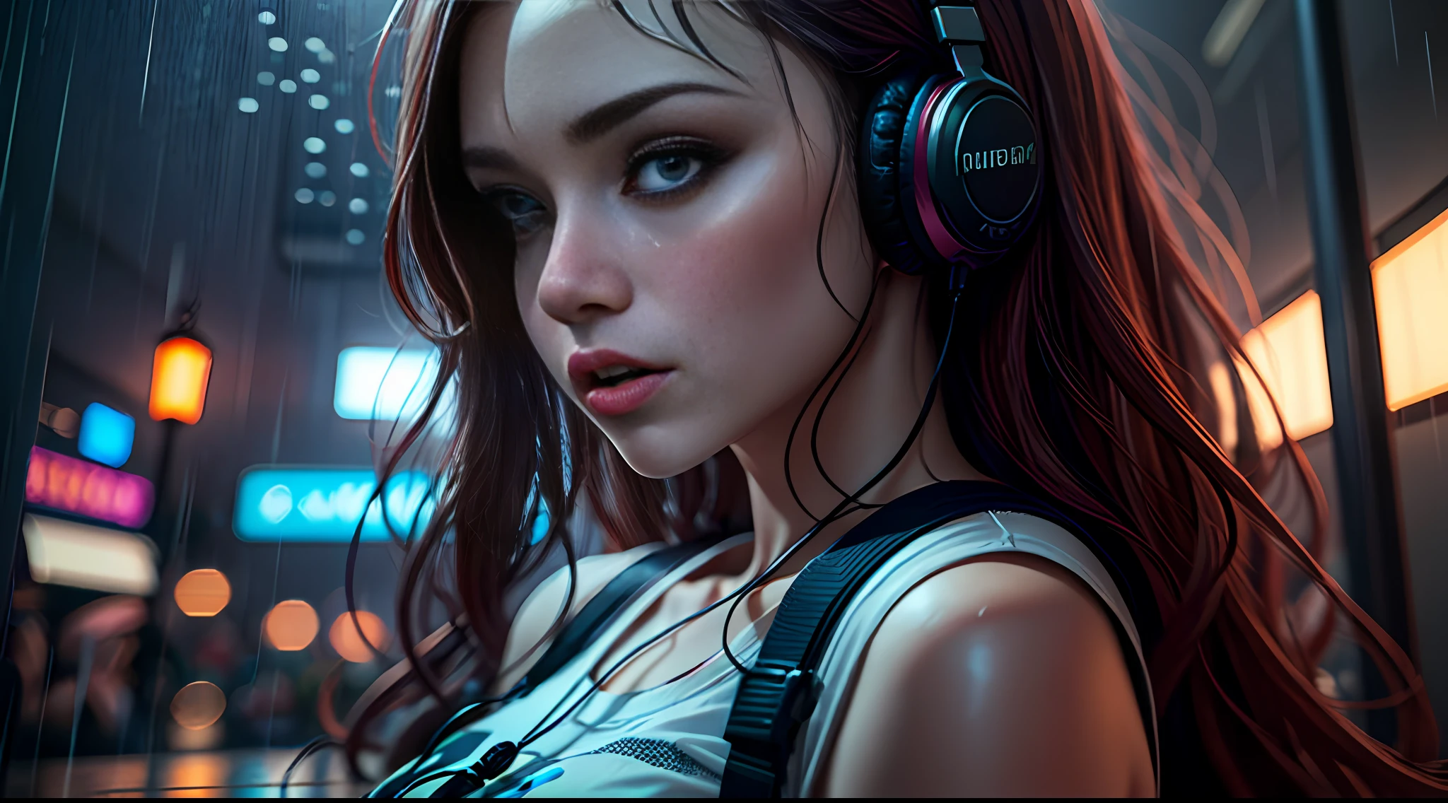 best quality, 8k, photography, beautiful eyes, detailed eyes, giant 3d printer, 1girl, cyborg, full body, perfect body, rear viewer, big ass, (Best quality, 4k, Masterpiece :1.3), ((rainy night: 1.5)), Girl 20 years brunette , cyberpunk lo-fi, in the bedroom, listening to music on pc, coffee cup on the table, headphones, open window on rainy night, white top glued,  short shorts, wearing socks, ultra detailed