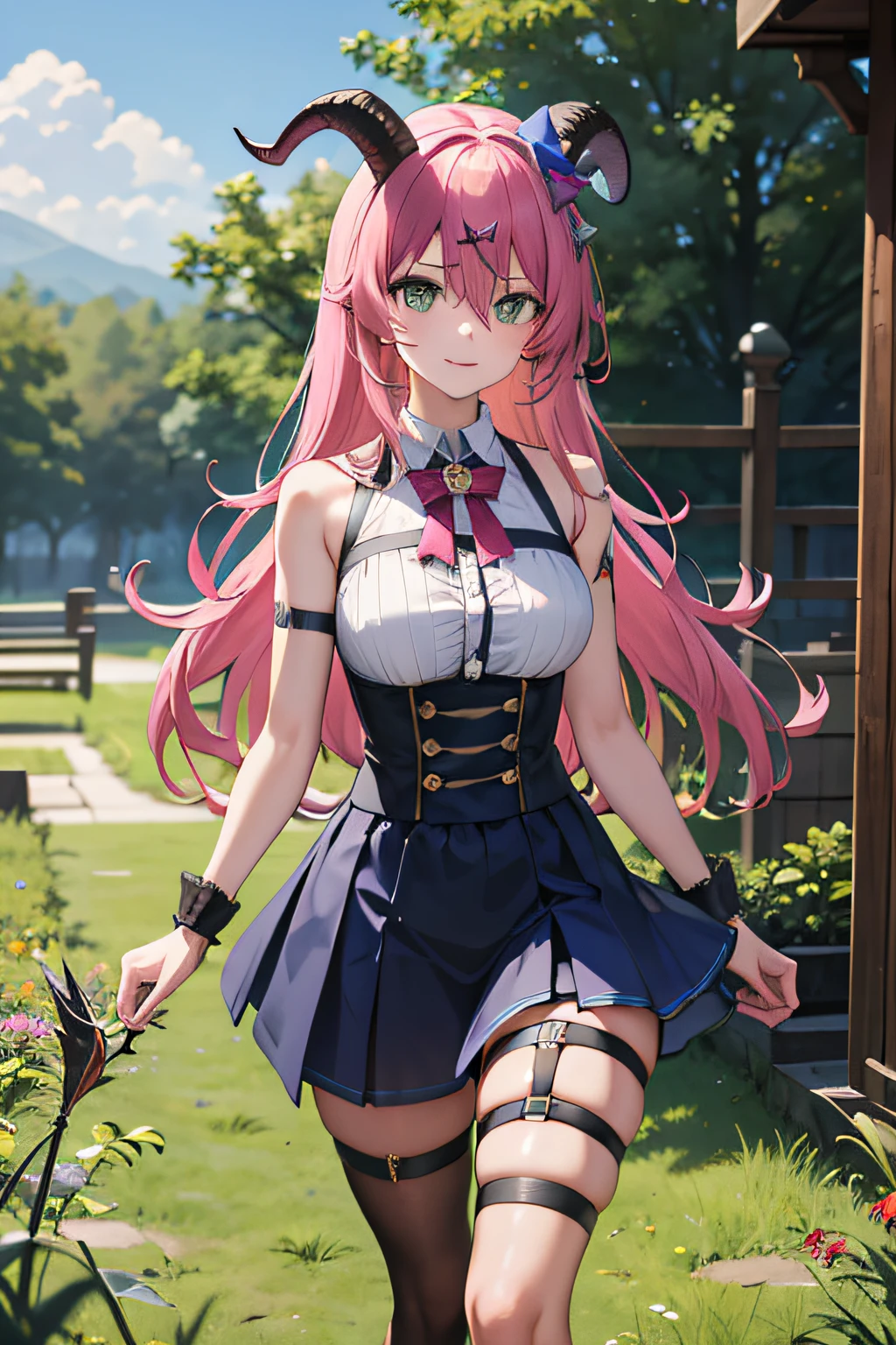 masterpiece, best quality, high resolution, aloe vera 1, 1 girl, outdoor, prairie, meadow, solo, blue hair, asymmetrical horn, demon horn, hair accessory, blonde hair, chest strap, thighs, long hair, asymmetrical pants, pink hair, sleeveless, bare shoulders, demon tail, thigh straps, wristcuffs, green eyes, black armband, blue skirt skirt, horn bow, sleeveless corner ornament, bangs, hair between eyes, bow in hand, arrow, walk, run