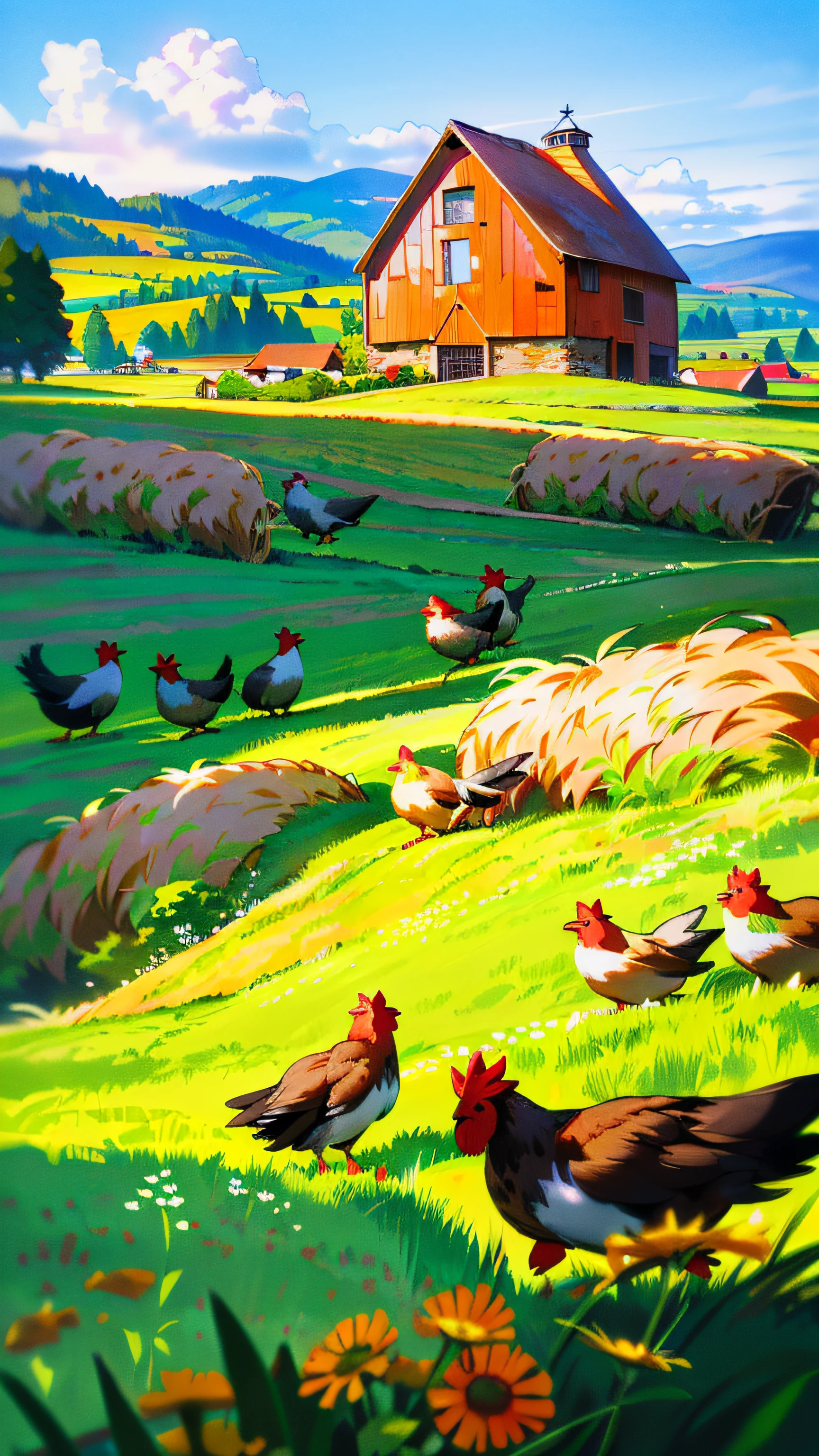 (8k, RAW photo, best quality, masterpiece: 1.2), (realistic, photo photorealistic: 1.37), (high resolution), (A flock of chickens are foraging: 1.3), (tan cow grazing: 1.1), (background is a traditional little red barn, farmhouse and meadows and wildflower fields), (idyllic)