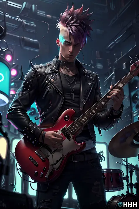 A punk with spiky hair and a leather jacket, playing drums, Level4 style, hyper realistic, HD, neon