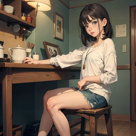 Mature girl sitting on a small stool