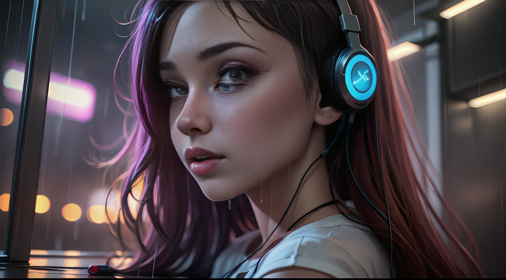 best quality, 8k, photography, beautiful eyes, detailed eyes, giant 3d printer, 1girl, cyborg, full body, perfect body, rear viewer, big ass, (Best quality, 4k, Masterpiece :1.3), ((rainy night: 1.5)), Girl 20 years brunette , cyberpunk lo-fi, in the bedroom, listening to music on pc, coffee cup on the table, headphones, open window on rainy night, white top glued,  short shorts, wearing socks, ultra detailed