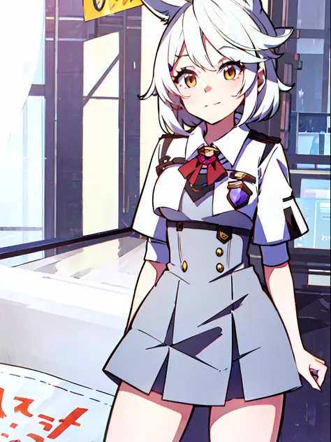 A beautiful fox girl in a short skirt and white hair is looking at me