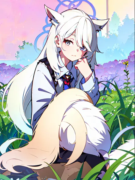 A beautiful white-haired fox girl wearing a short skirt and sitting in the field is looking at me