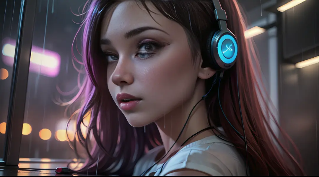 best quality, 8k, photography, beautiful eyes, detailed eyes, giant 3d printer, 1girl, cyborg, full body, perfect body, rear viewer, big ass, (Best quality, 4k, Masterpiece :1.3), ((rainy night: 1.5)), Girl 20 years brunette , cyberpunk lo-fi, in the bedro...