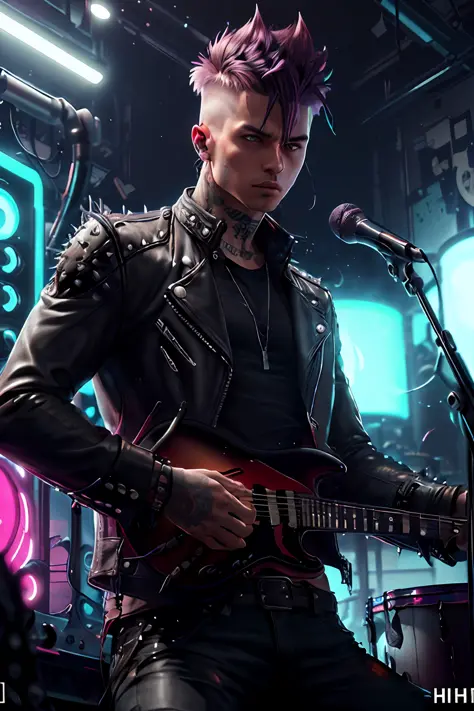 A punk with spiky hair and a leather jacket, playing drums, Level4 style, hyper realistic, HD, neon