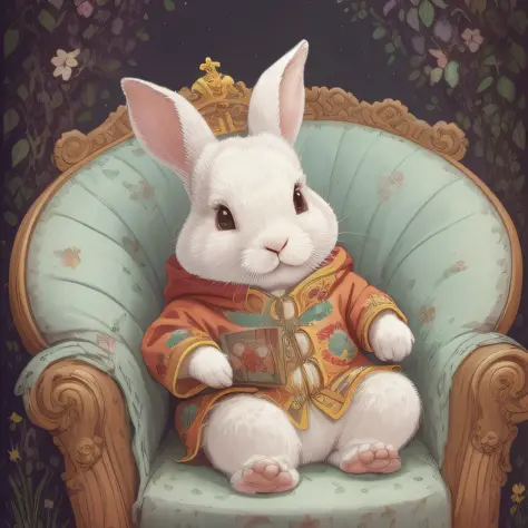 Picture book illustrations for children、Rabbit dressed in king's clothes sitting on a throne、White rabbit、biped、Rabbit personification、3頭身、Setting image、cuddly、Two rabbit ears、color illustration、Configuration Materials、Colorful colors、Deformed rabbit、18世紀フ...