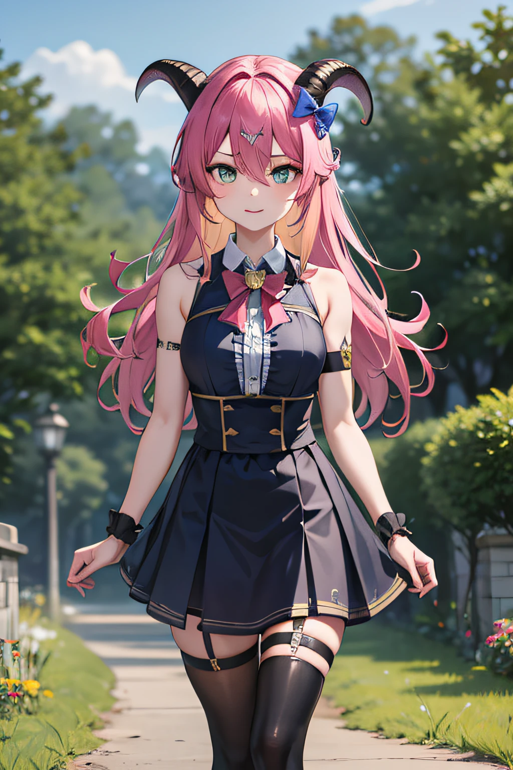 masterpiece, best quality, high resolution, aloe vera 1, 1 girl, outdoor, prairie, meadow, solo, blue hair, asymmetrical horn, demon horn, hair accessory, blonde hair, chest strap, thighs, long hair, asymmetrical pants, pink hair, sleeveless, bare shoulders, demon tail, thigh straps, wristcuffs, green eyes, black armband, blue skirt skirt, horn bow, sleeveless corner ornament, bangs, hair between eyes, bow in hand, arrow, walk, run