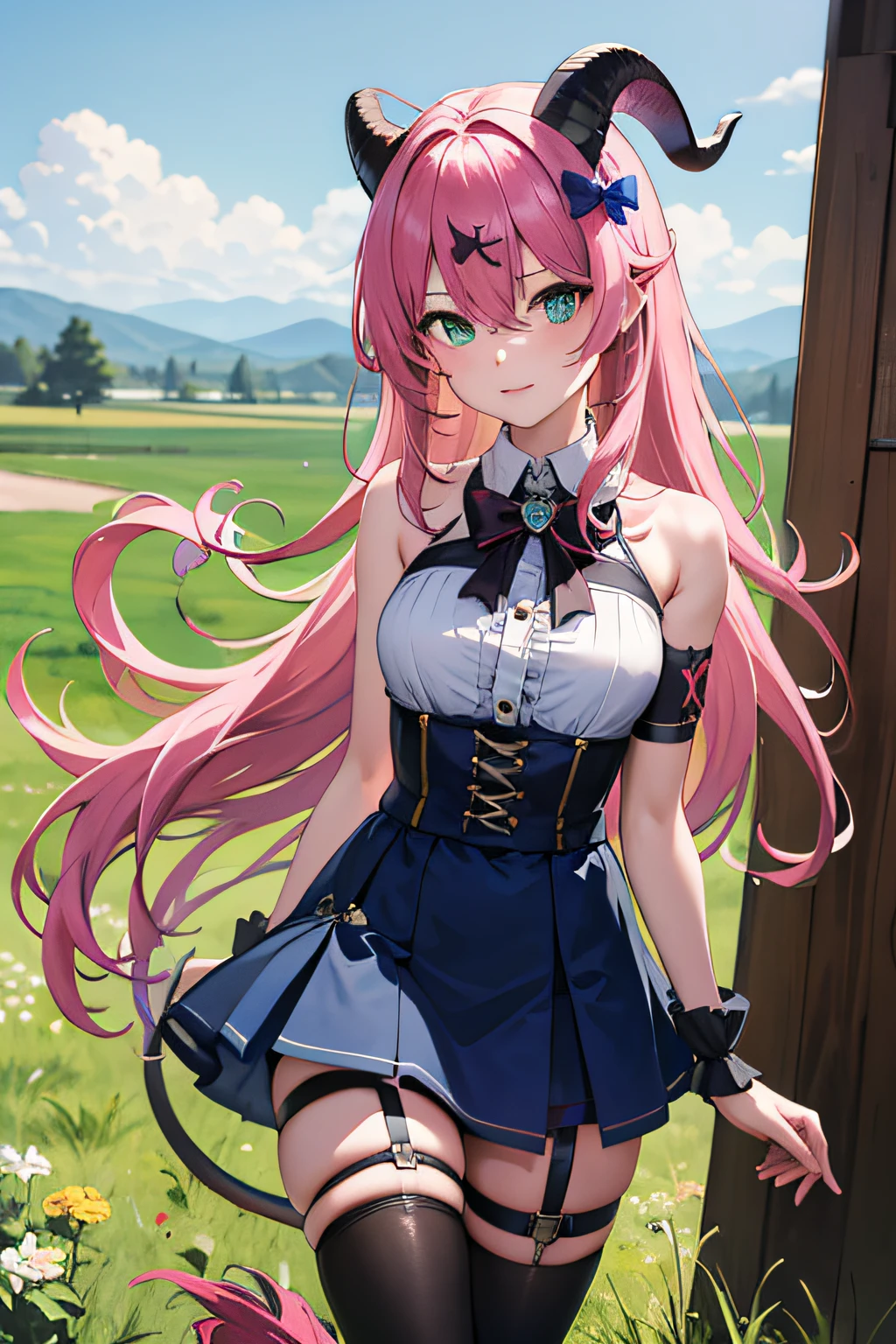 masterpiece, best quality, high resolution, aloe vera 1, 1 girl, outdoor, prairie, meadow, solo, blue hair, asymmetrical horn, demon horn, hair accessory, blonde hair, chest strap, thighs, long hair, asymmetrical pants, pink hair, sleeveless, bare shoulders, demon tail, thigh straps, wristcuffs, green eyes, black armband, blue skirt skirt, horn bow, sleeveless corner ornament, bangs, hair between eyes, bow in hand, arrow, walk, run