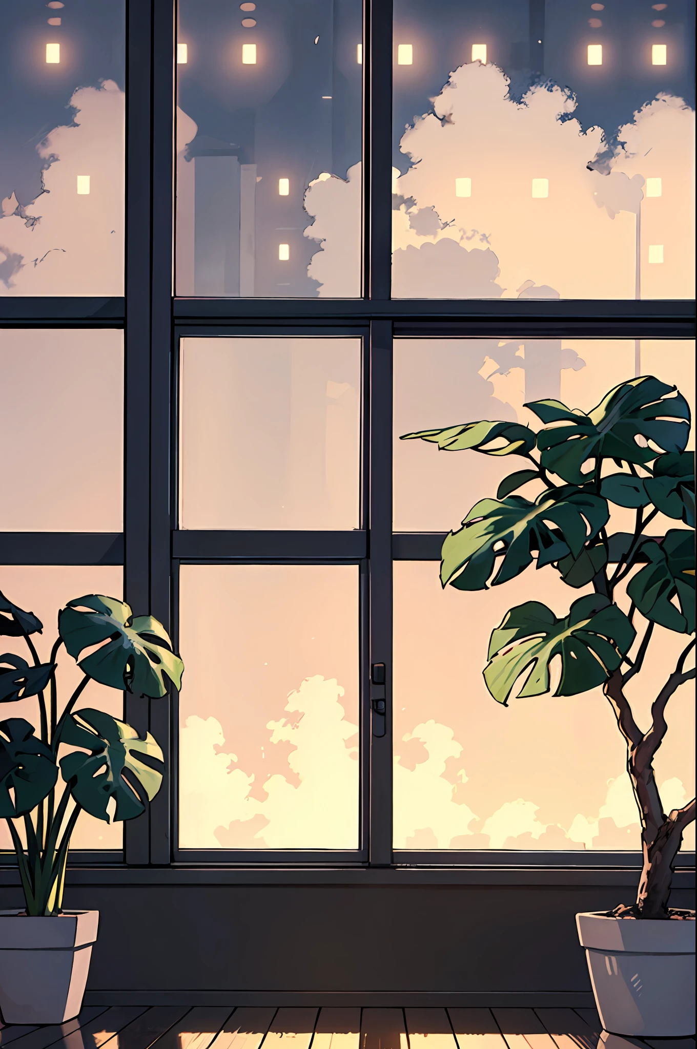 midcentury modern living room dimly lit with dark 雨の evening outside, (foggy 雨の evening:1.2), 太平洋北西部, (薄暗い照明:1.4), (ムーディーな照明:1.2), 植物, large 植物, 雨の, モンステラ, many 植物, (曇った窓:1.2), 傑作, 最高品質, 夕暮れ, (夜間:1.4), 雨の evening, 日没後, --自動