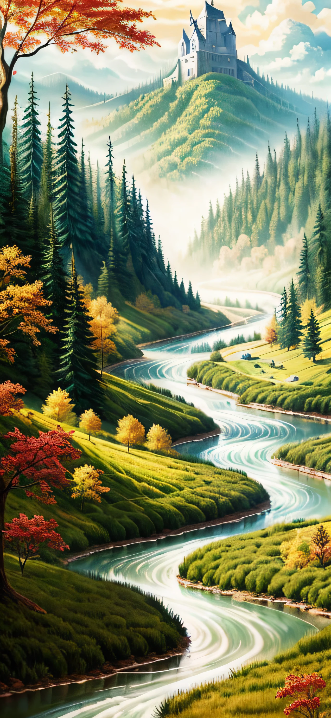 (((ファンタジー)), 森の川, 非常に詳細, 様式化された, カラフル, 高解像度, 乙女