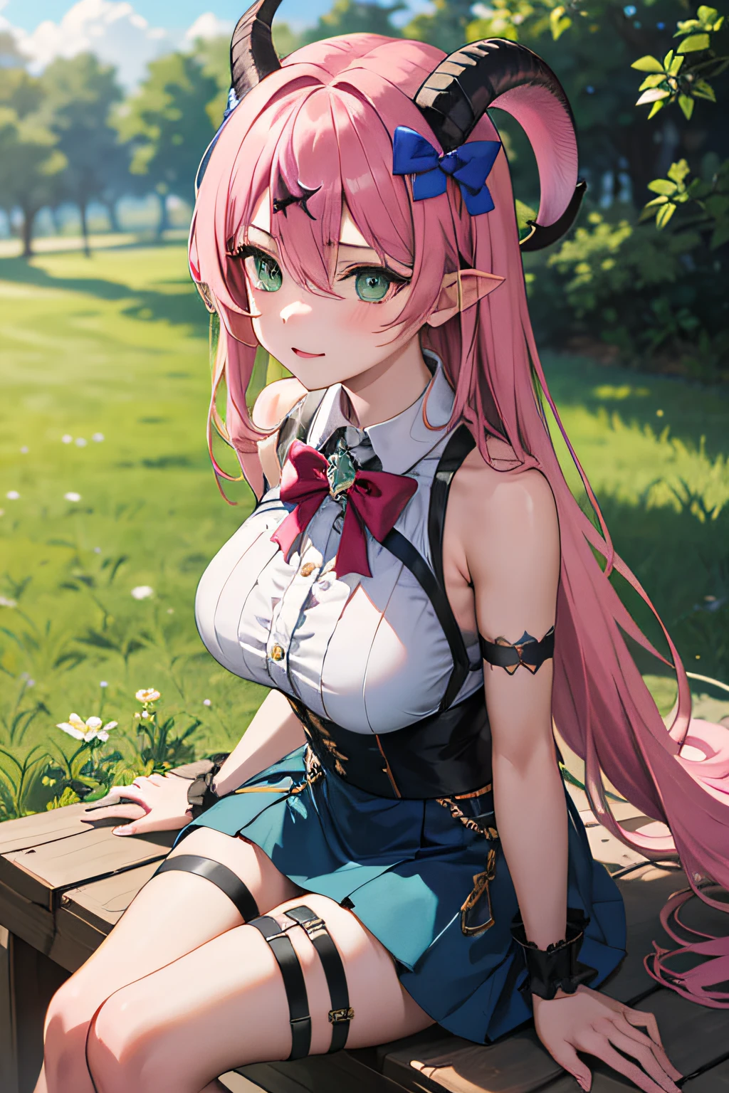 masterpiece, best quality, high resolution, aloe vera 1, 1 girl, outdoor, prairie, sitting on grass, solo, blue hair, asymmetrical horn, demon horn, hair accessory, blonde hair, chest strap, thighs, long hair, asymmetrical pants, pink hair, sleeveless, bare shoulders, demon tail, thigh straps, wristcuffs, green eyes, black armband, blue skirt skirt, horn bow, sleeveless corner ornament, bangs, hair between eyes, bow in hand, arrow,