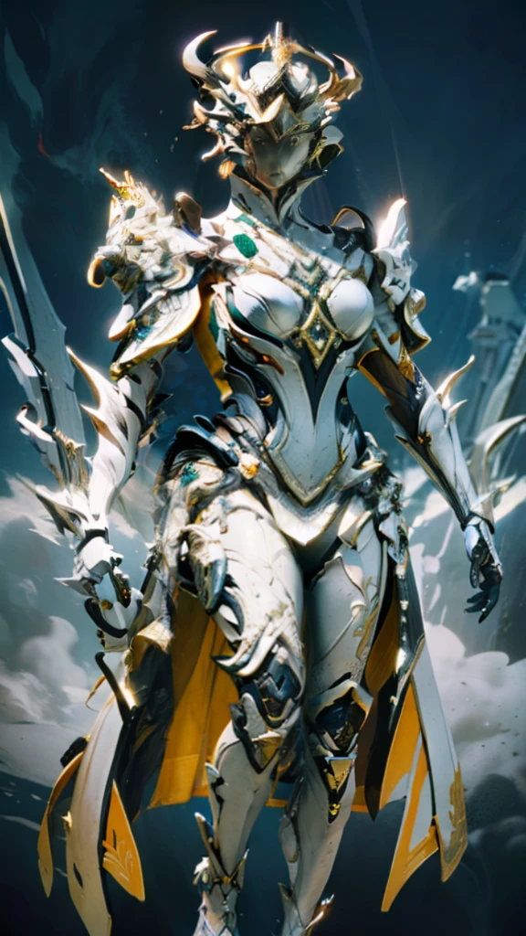 solo, super fine photo, full body picture Unreal Engine 5 8K UHD, female, white color scheme armor, orchid color see-through dress, tattoo details, majestic luxurious crown-like helmet, yellow halo on the head, royalty design, best quality, masterpiece, official art, unified 8k wallpaper, high detailed, sharp focus, flying pose, body parts, concept character art