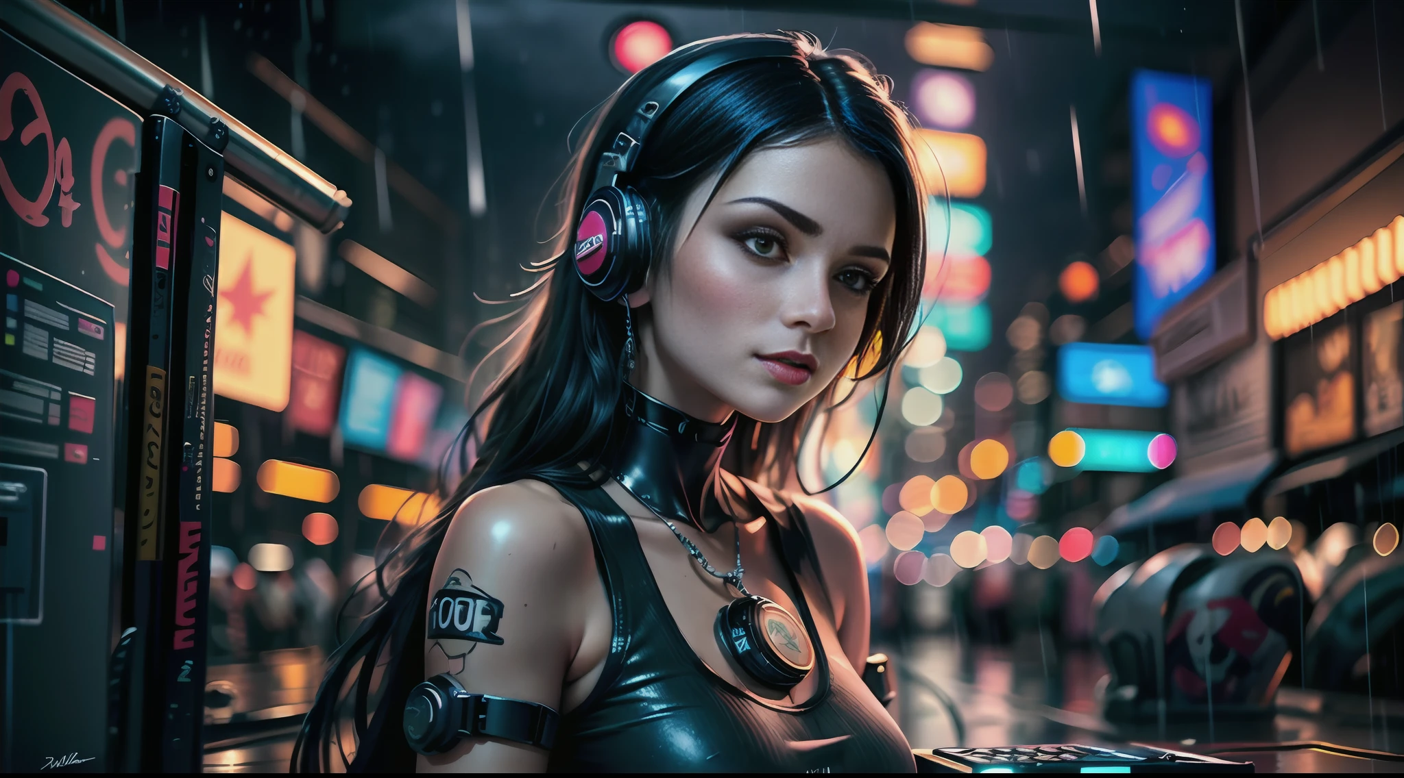 best quality, 8k, photography, beautiful eyes, detailed eyes, giant 3d printer, night market, arsenal, neon light, starry night, 1girl, cyborg, full body, perfect body, chasing cyborg enemies, battlefield background, medium chest, rear viewer, big ass, (Best quality, 4k, Masterpiece :1.3), ((rainy night: 1.5)), Girl 20 years brunette , cyberpunk lo-fi, in the bedroom,  Listening to music on PC, coffee cup on table, headphones, open window on rainy night, white top glued on, short shorts, wearing socks, ultra detailed