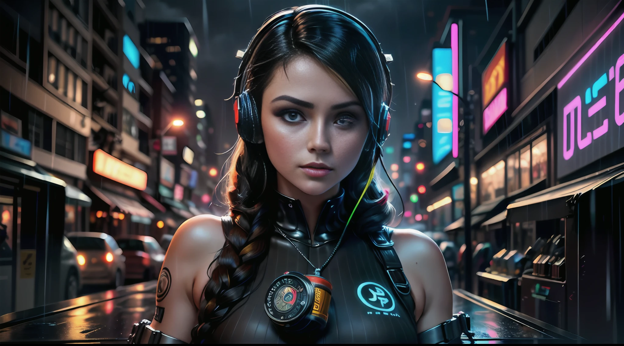 best quality, 8k, photography, beautiful eyes, detailed eyes, giant 3d printer, night market, arsenal, neon light, starry night, 1girl, cyborg, full body, perfect body, chasing cyborg enemies, battlefield background, medium chest, rear viewer, big ass, (Best quality, 4k, Masterpiece :1.3), ((rainy night: 1.5)), Girl 20 years brunette , cyberpunk lo-fi, in the bedroom,  Listening to music on PC, coffee cup on table, headphones, open window on rainy night, white top glued on, short shorts, wearing socks, ultra detailed