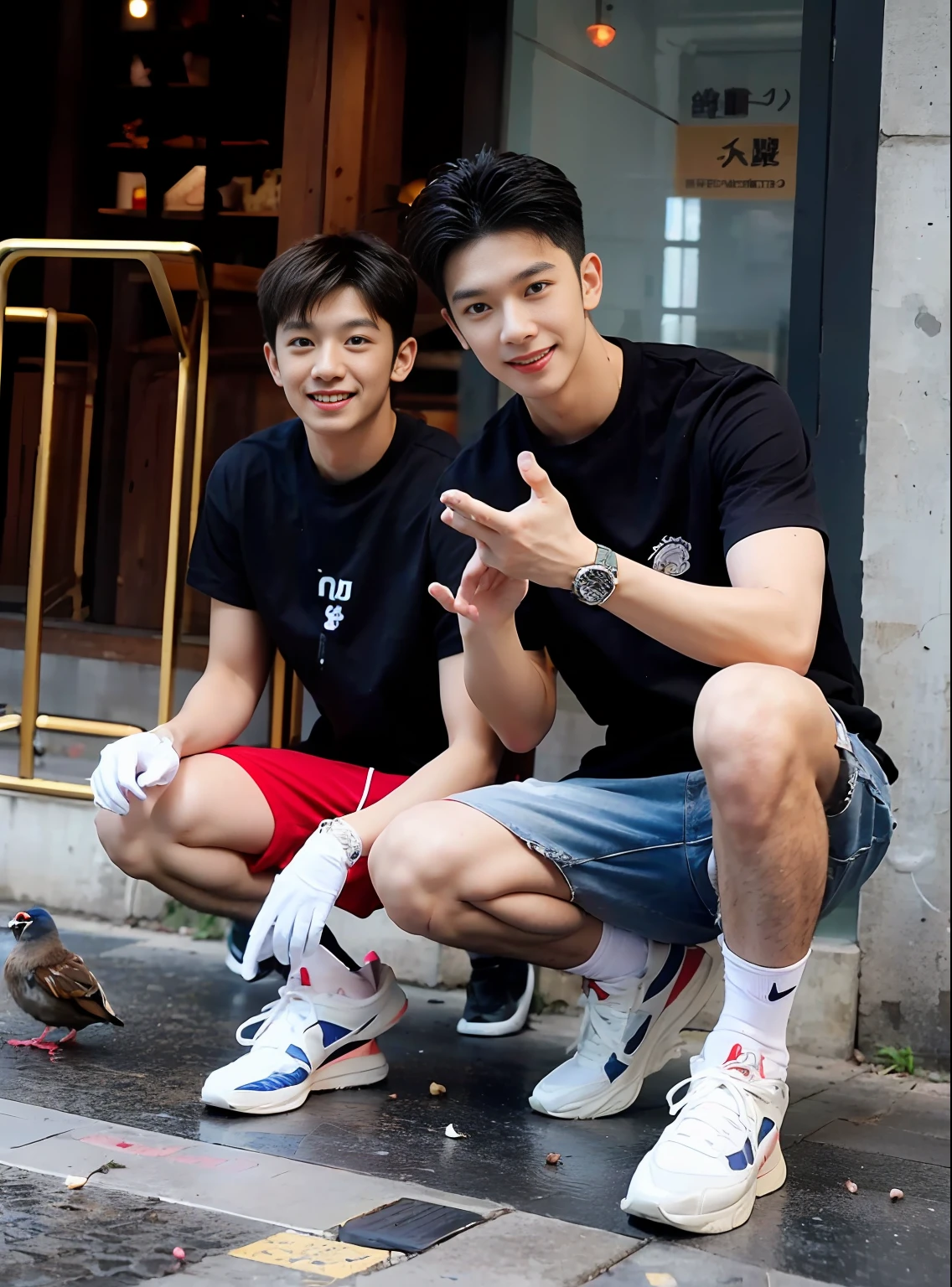 (Chinese Handsome: 1.5), two men squatting in square feeding pigeons, realistic details, realistic photos, textured skin, looking into the camera, 18 years old boy, studio, danshi koukousei, model, long legs, gay couple