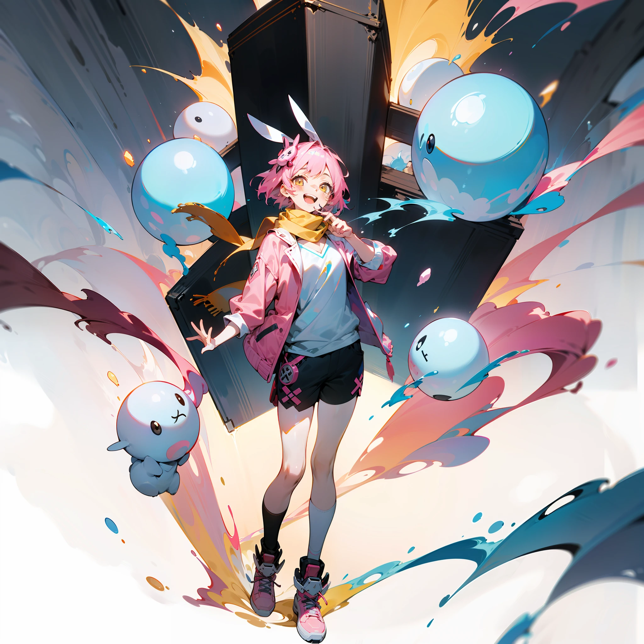 (best quality), {masterpiece}, {very detailed}, {super detailed}, {high resolution}, {absurd}, 1 girl, solo, anime, full body shooting, (pink punk jacket, pink sneakers), (pink short hair yellow eyes), (white simple background), (standing painting style), colorful smoke, explosion style, standing, bouncing, dynamic, splashing marshmallow, (fine beautiful face and eyes), laughing, cowboy shot, ((full body)), ((bunny square scarf hair ornament)), volumetric lighting, (Short Girl), (Ark of Tomorrow standing painting style)