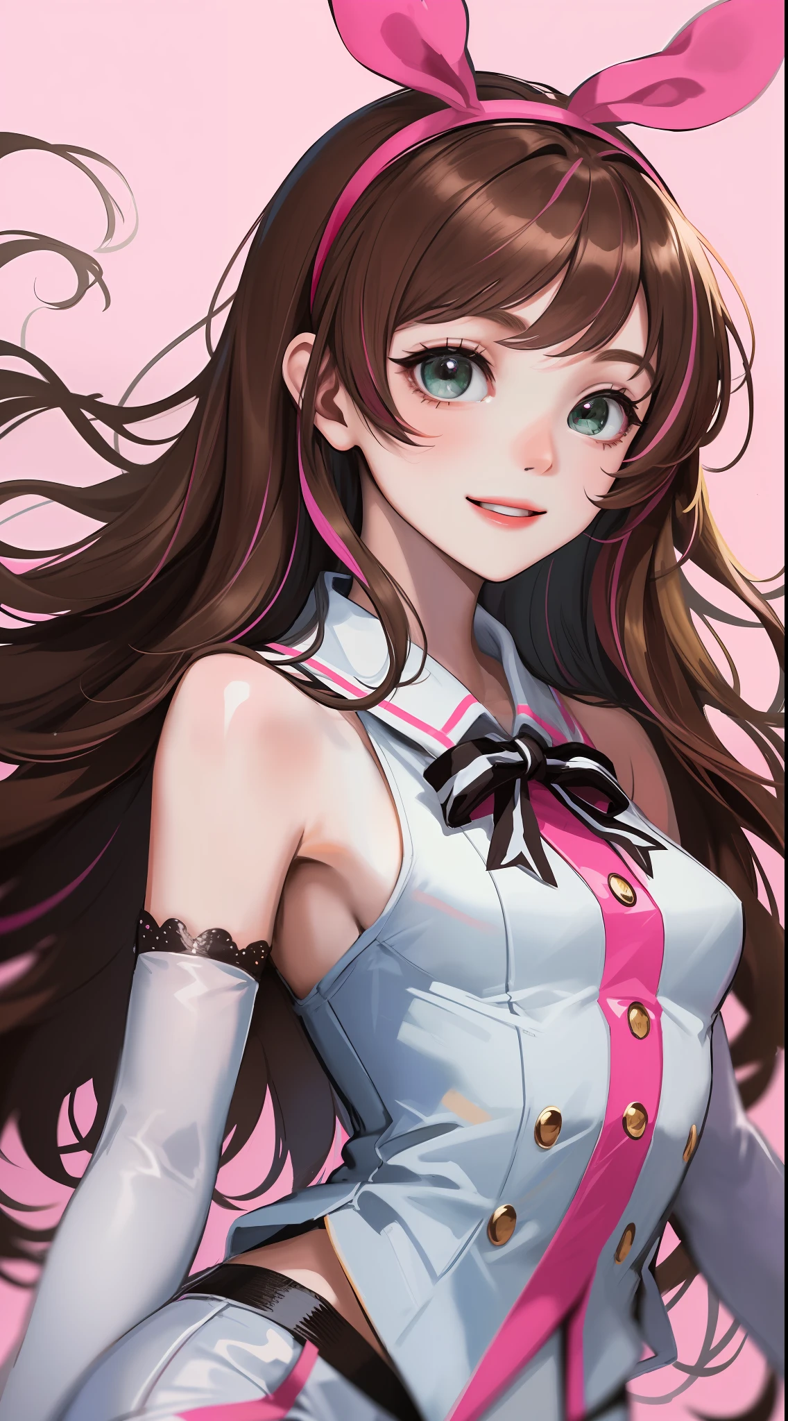 masterpiece, best quality, highres, 1girl, kizuna ai, small breasts ,long hair, brown hair, multicolored hair, floating hair, pink hairband, pink highlights, streaked hair, smiling