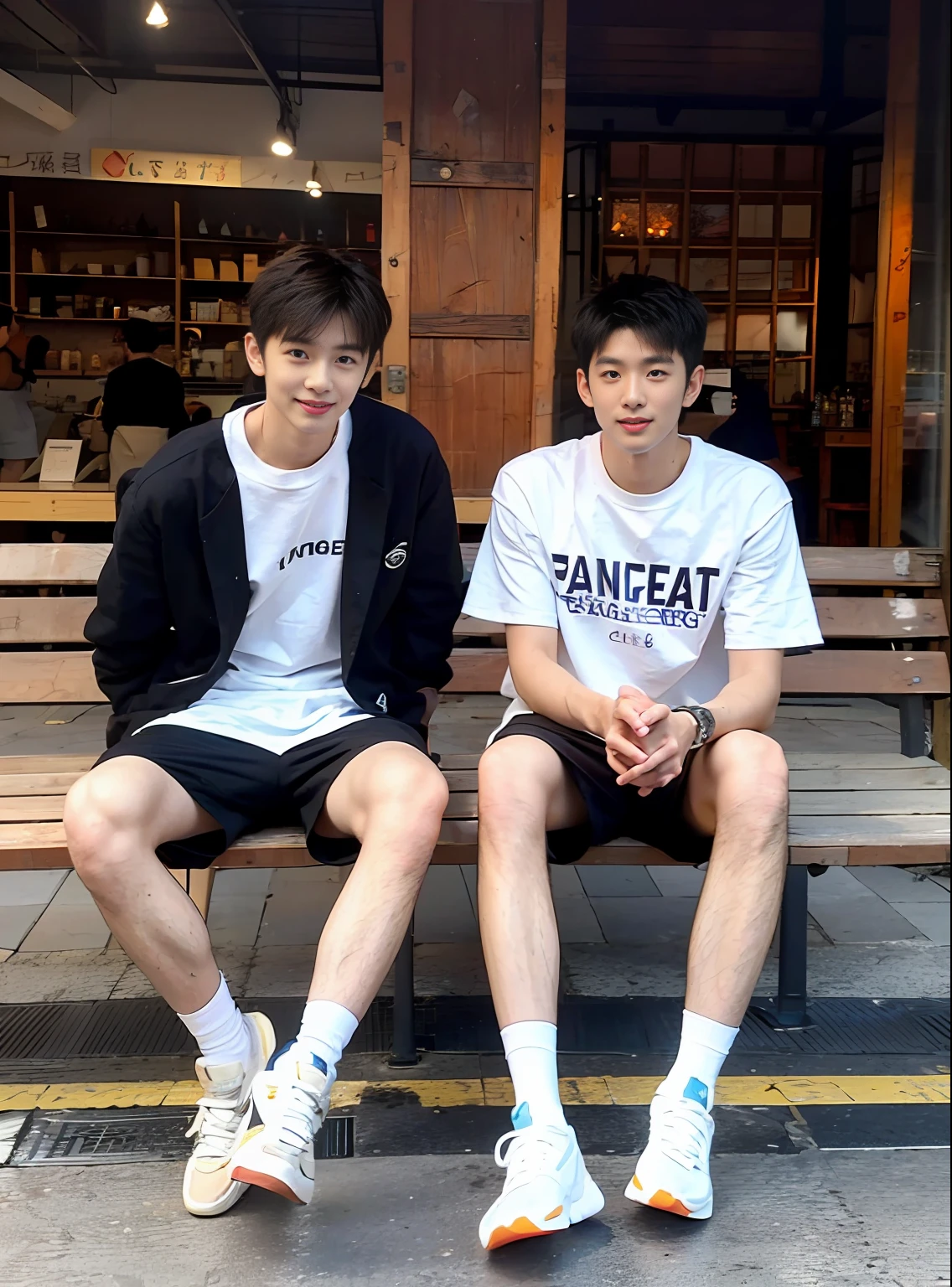 (Chinese Handsome: 1.5), two men sitting on square bench feeding pigeons, realistic details, realistic photos, textured skin, looking into the camera, 18 years old boy, studio, danshi koukousei, model, big long legs, gay couple