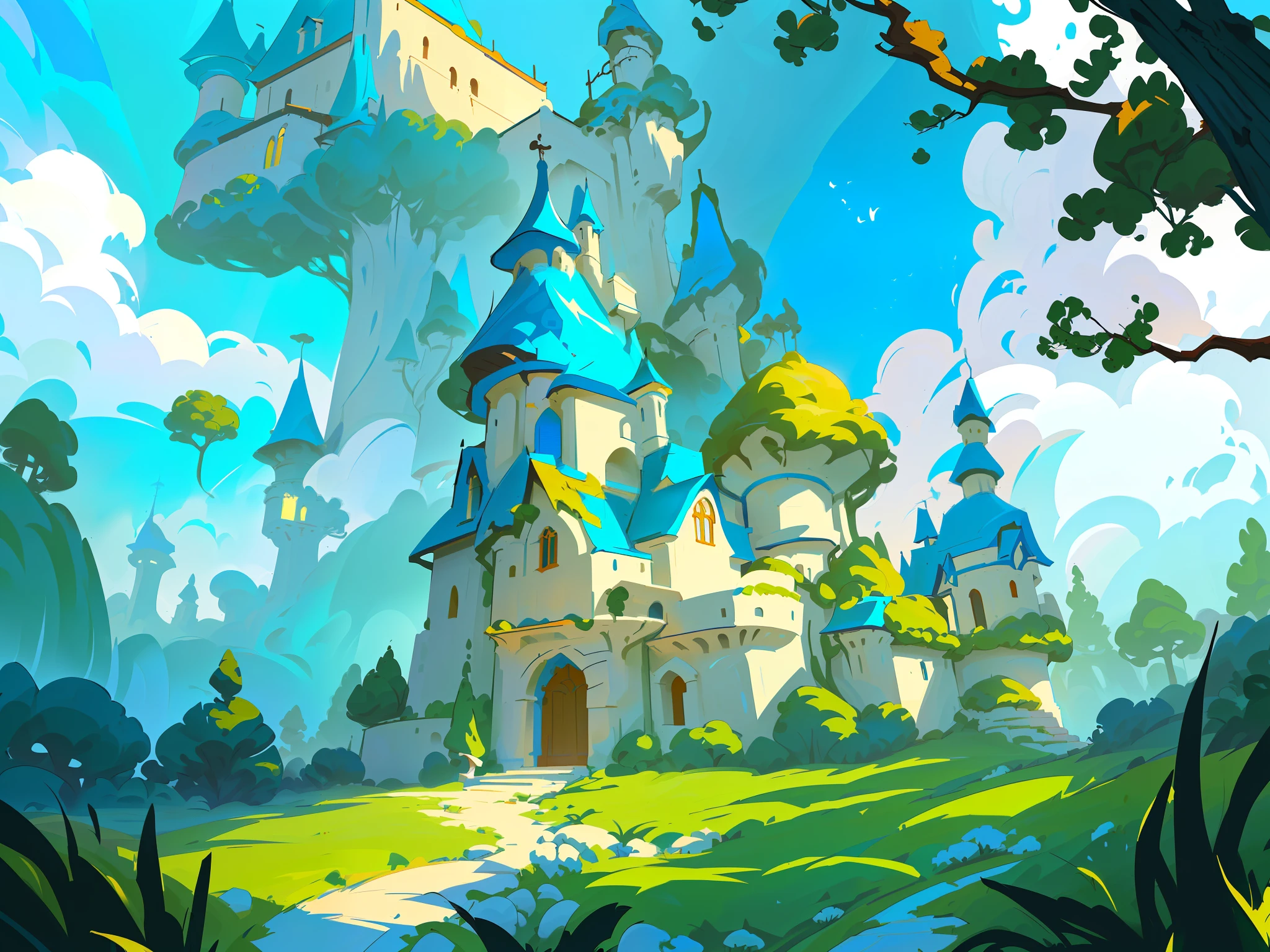 A mushroom castle in the forest, with yellow mushrooms and blue mushrooms, castle and mushrooms combined, blue sky and white clouds, meadow, cartoon style, clean colors, bright colors, CG illustration, HD, cartoon illustration in front of the castle in mushroom style, magical fantasy 2 D concept art, fairy tale illustration style, children's art in ArtStation, fairy tale style background, fantasy game art style, beautiful artwork illustration, fantasy world concept, colorful concept art, digital 2d fantasy art, background art, mobile game art, fairy tale artwork
