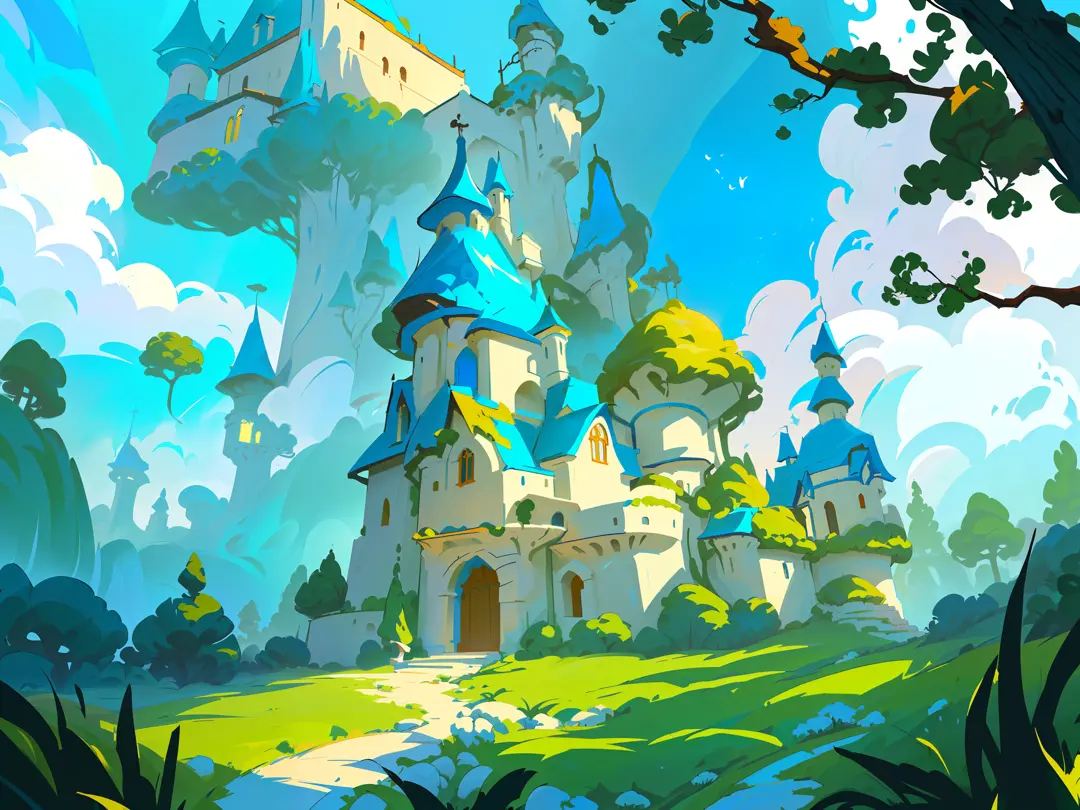 A mushroom castle in the forest, with yellow mushrooms and blue mushrooms, castle and mushrooms combined, blue sky and white clo...