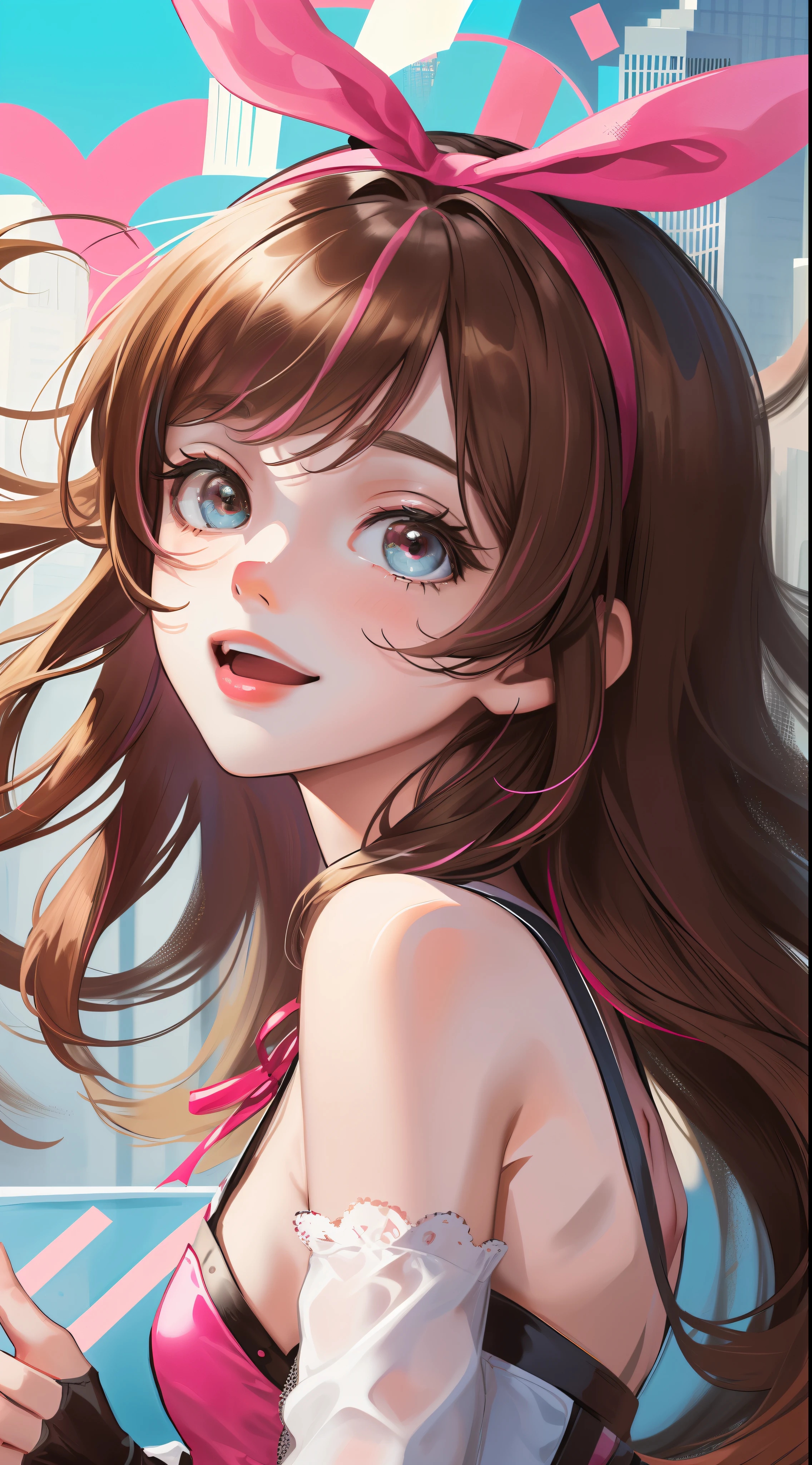 masterpiece, best quality, highres, 1girl, kizuna ai, small breasts ,long hair, brown hair, multicolored hair, floating hair, pink hairband, pink highlights, streaked hair, smiling