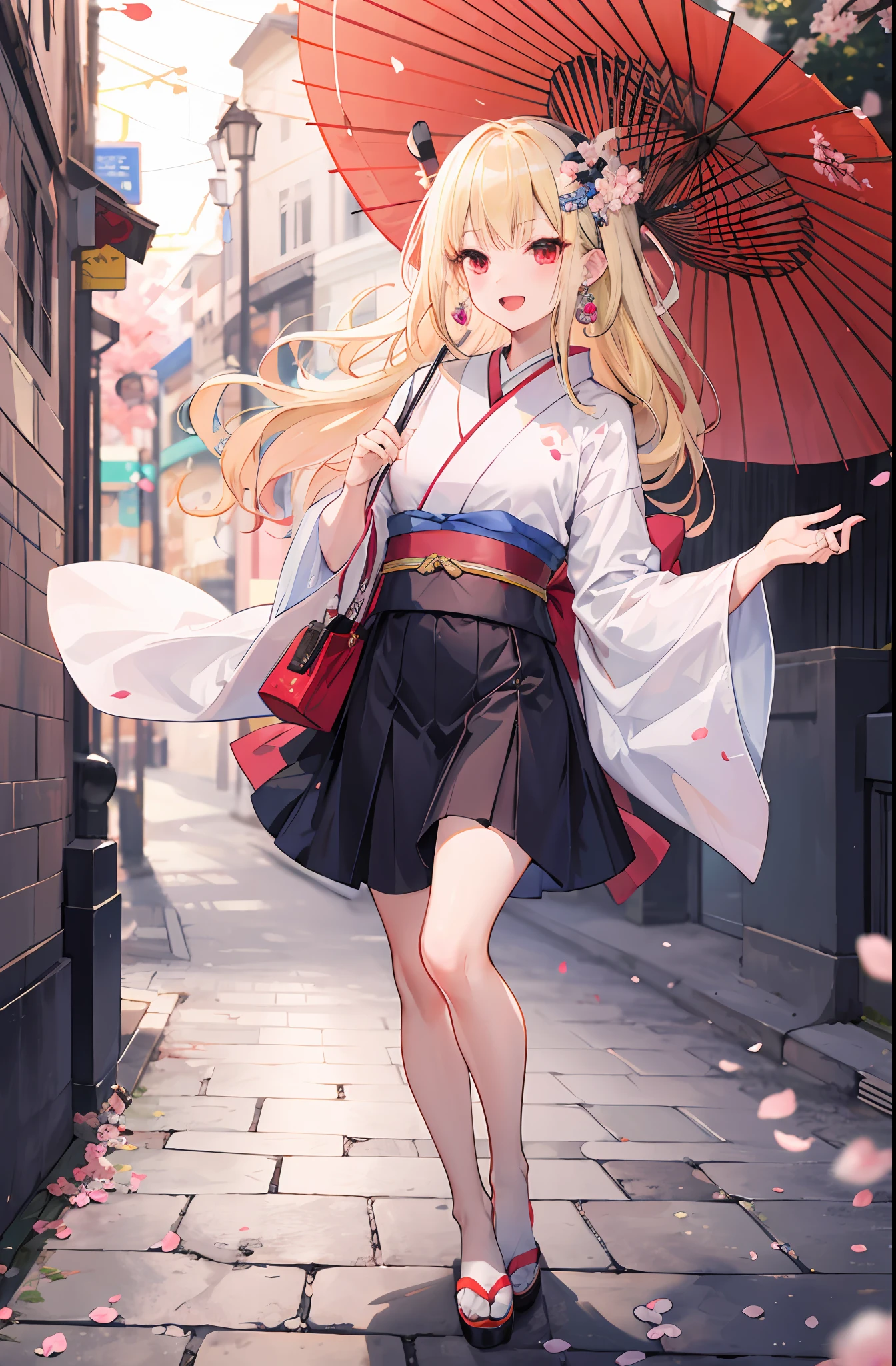 masterpiece, top quality, full body,
girl in kimono, bangs, blonde hair, blue skirt, ear piercing, eyebrows visible through hair, gradient hair, open mouth and laugh, gal, jewelry, kogal, long hair, look at viewer, piercing, red eyes, ring,smile, solo, hand holding umbrella, stone brick street
sky, cherry blossom, petals, young