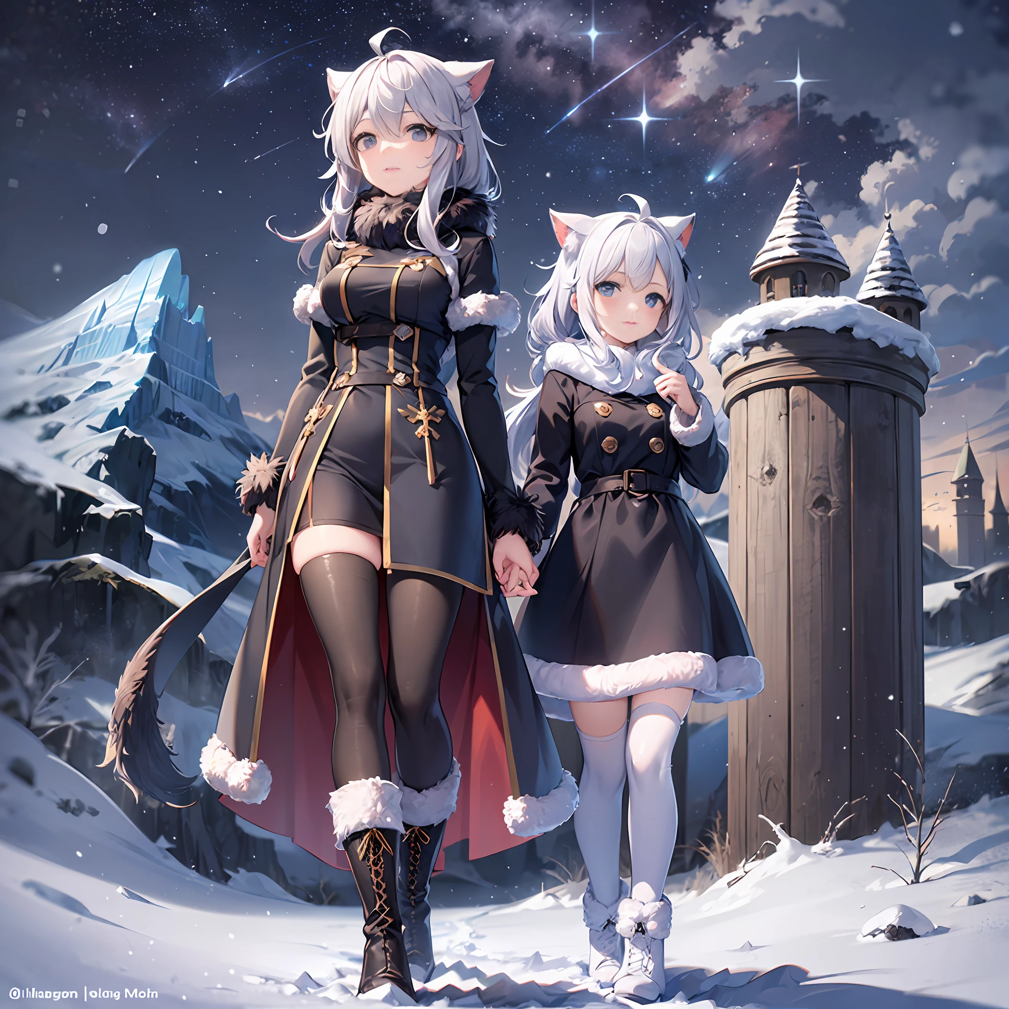 landscape, (glacier:1.3), vibrant nebula sky, Northern Lights,night sky, (blue moon:1.1), (shooting star:1.1), (panorama:1.2), (in winter:1.25),  castle, mother and daughter, full body, looking afar, ((fur-trimmed dress:1.2), (fur-trimmed legwear:1.2), (boots:1.15):1.2), (gradient hair, [white hair:light blue hair:0.7]:1.2), heart ahoge,  snowflake hair ornament, (blue eyes:1.15), eyelashes, gradient eyes, (glint:1.3), scarf, marshmallow, feather,penguin