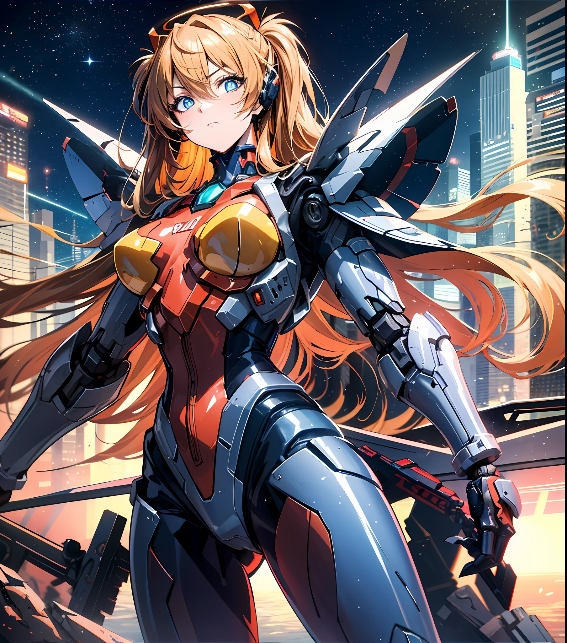 Masterpiece, best quality, super detailed, very detailed illustration, very detailed, complex details, high resolution, super complex details, very detailed 8k CG wallpaper, cowboy lens, caustics, reflections, ray tracing, demon theme, nebula, dark aura, network effects, (1 girl:1.4), Asuka, single, alone, mecha musume, mechanical parts, robot joints, single robotic arm, headdress, mechanical halo, star halo, complex mechanical tights, mecha corset, Fully armored, Very long hair, orange-yellow hair, hair between eyes, blue eyes, glowing eyes, eye tracks, random expressions, random movements, ancient Japanese architecture, ponds, starry sky, skyline,