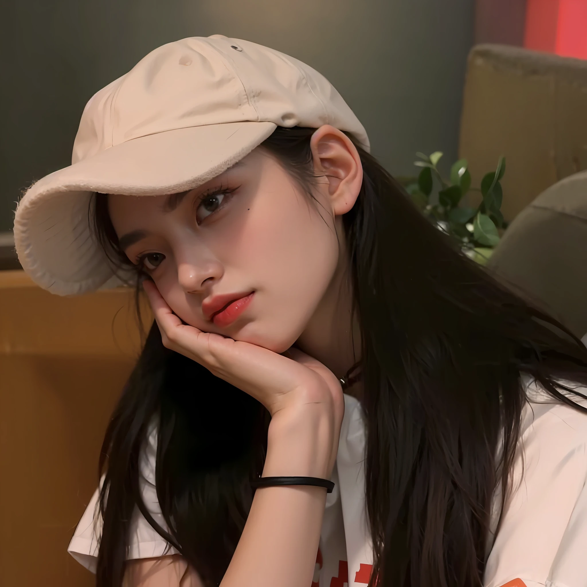 there is a woman sitting on a couch with a hat on, wearing baseball cap, wearing a baseball cap, wearing a chocker and cute hat, dilraba dilmurat, wearing a cute hat, wearing a baseball hat, 19-year-old girl, wearing a baseball cap backwards, jossi of blackpink, with hat, ulzzang