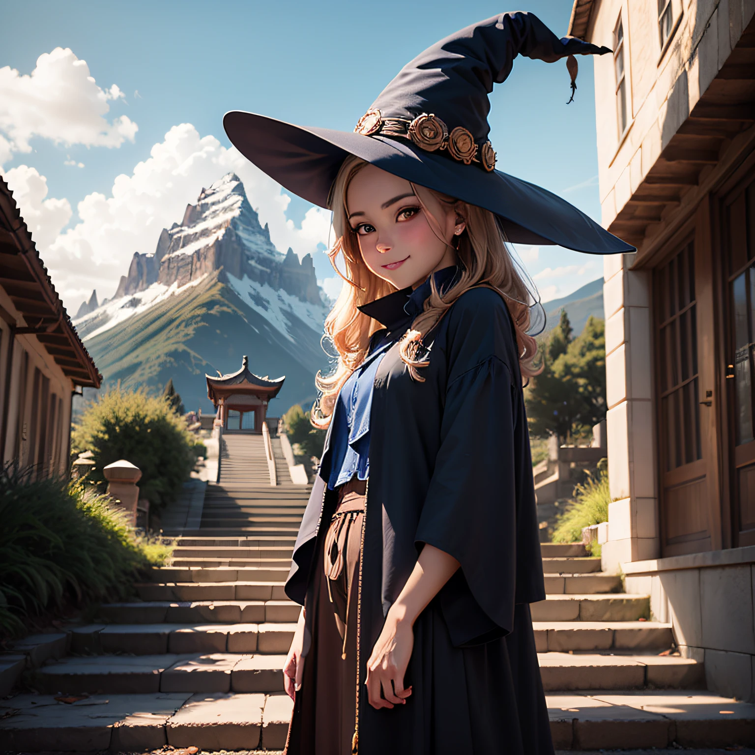 standing, upper body, smile, blush, outdoors, day, simple background, blue sky, sky, temple, looking at viewer, stairs, mountain, moody lighting, facing viewer, witch hat, hat,