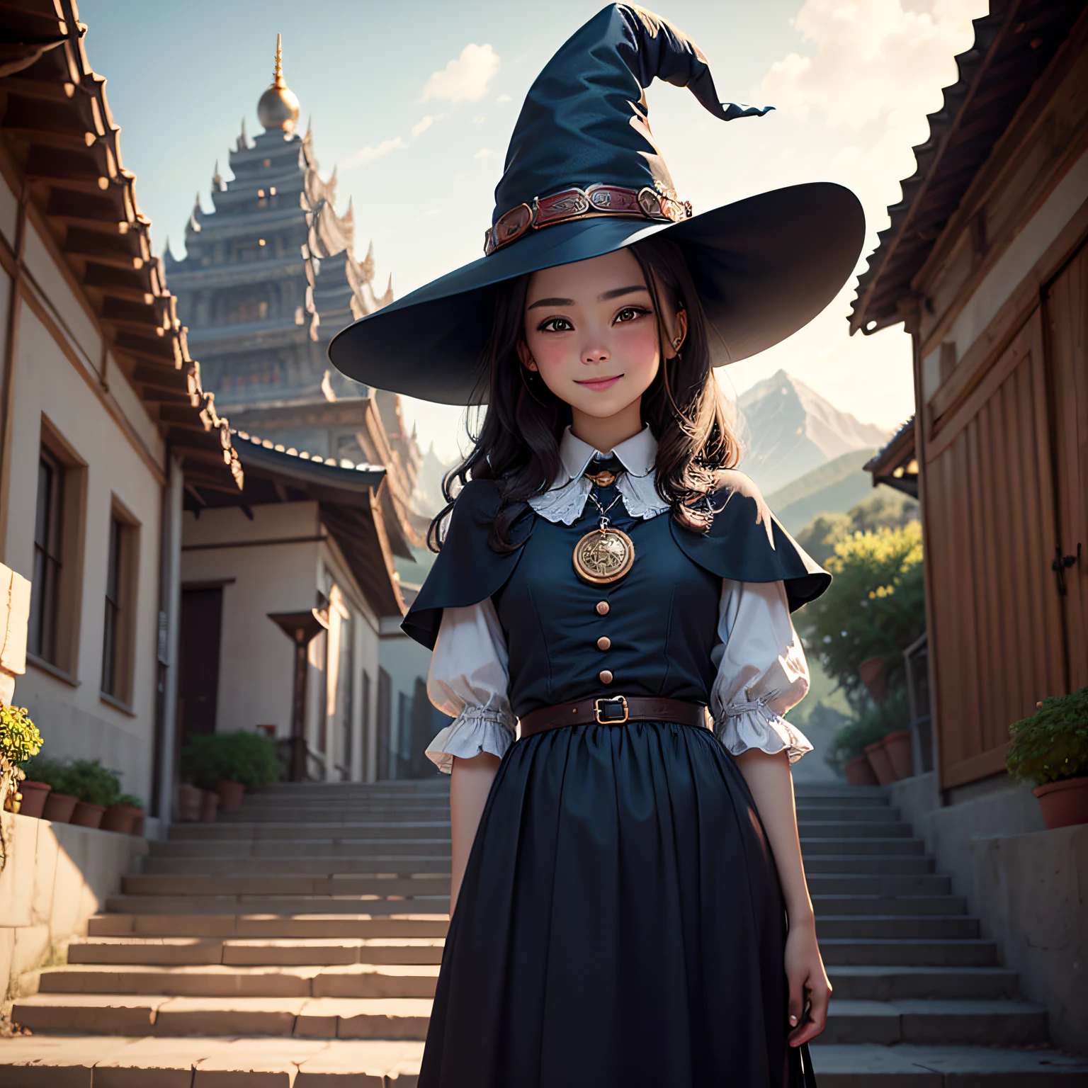 standing, upper body, smile, blush, outdoors, day, simple background, blue sky, sky, temple, looking at viewer, stairs, mountain, moody lighting, facing viewer, witch hat, hat,