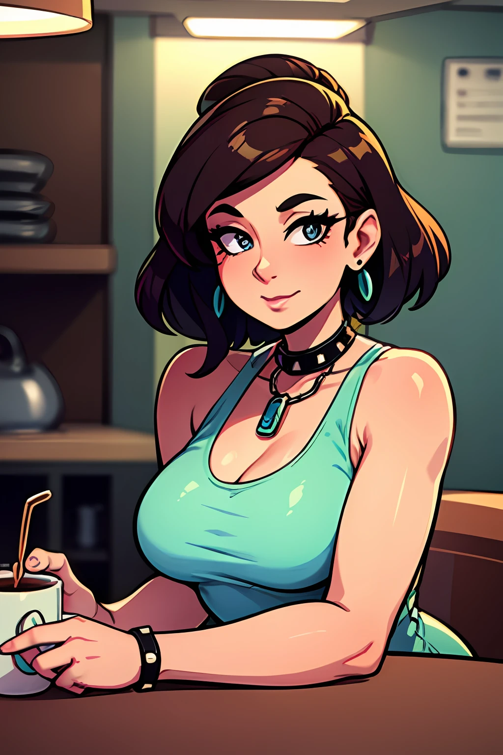 high resolution, professional lighting, a woman sitting at a table with a cup of coffee, curvy hourglass figure, bella poarch, stunning dress, adafruit, pompadour, looking directly at the camera, in a kitchen, with small studded earings, honey-colored eyes, 1950s style, carrying two barbells, seams, masterpiece, best quality