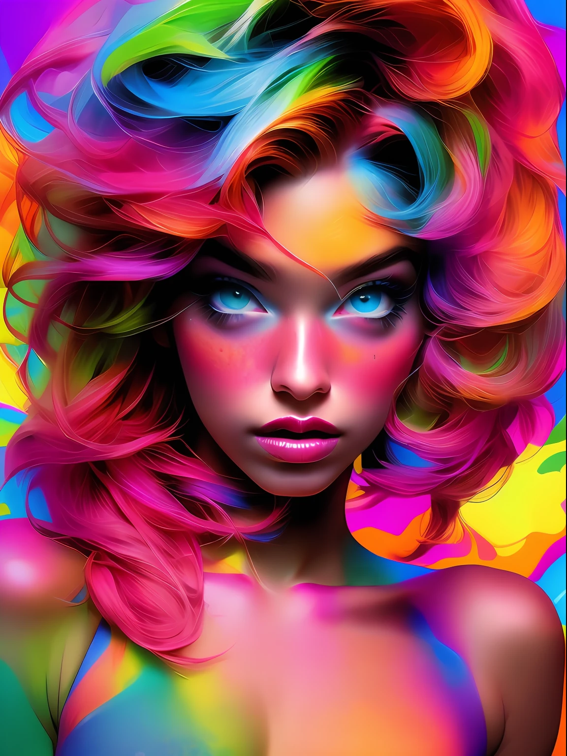 Masterpiece, insanely detailed erotic full body illustration, absurdres, beautiful model, perfect face, perfect eyes, multicolored hair, acid trip background, seductive pose,