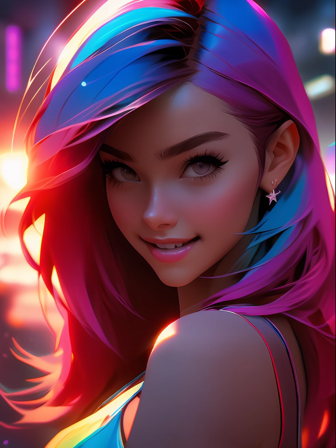 Girl , 25y,Arti Modern Anime, Birds eye View, Colege Style, Full Body, Perfect Anatomy, Red Hair, Serious Smile, Arcade Background , Photorealistic Face, Dynamic, Ultra High Quality Model, Clean Detailed Faces,Photorealistic Concept Art, Soft Natural Volumetric, Beautiful Woman, Star Eyes, Sharp Focus, Image Photorealistic, Sunrise, Pose Looking Forward, Luminous Studio Graphics Engine, Splash Art, Intricate Details, Rainbow Hair,Multiple Poses and Expressions, Perfect Hands, Octane Render, 3D Illustration, Ultra Detalist, Dark Color, Trendy Colorful Gradient, Centered, Hyper Detailed, Photorealistic Rendering, 8k HD, Focused, Super Detailed, Natural Light, Splash Art, Triadic Color, Volumetric Lighting, High resolution, Ambient Light, 8k, Glamour, Unreal Engine 5, Shader Tones, Warm tones, Lines With Cool Tones