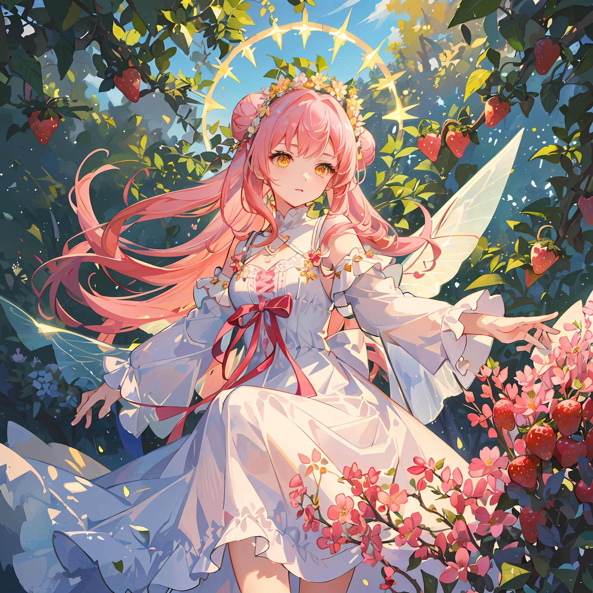 1girl. (masterpiece, best quality, ultra-detailed), strawberry garden, big berries, strawberry fairy, long white and pink embroided lace dress, pink flowy hair with buns, yellow eyes, flower crown, iridescent fairy wings, sunlight, Volumetric light.