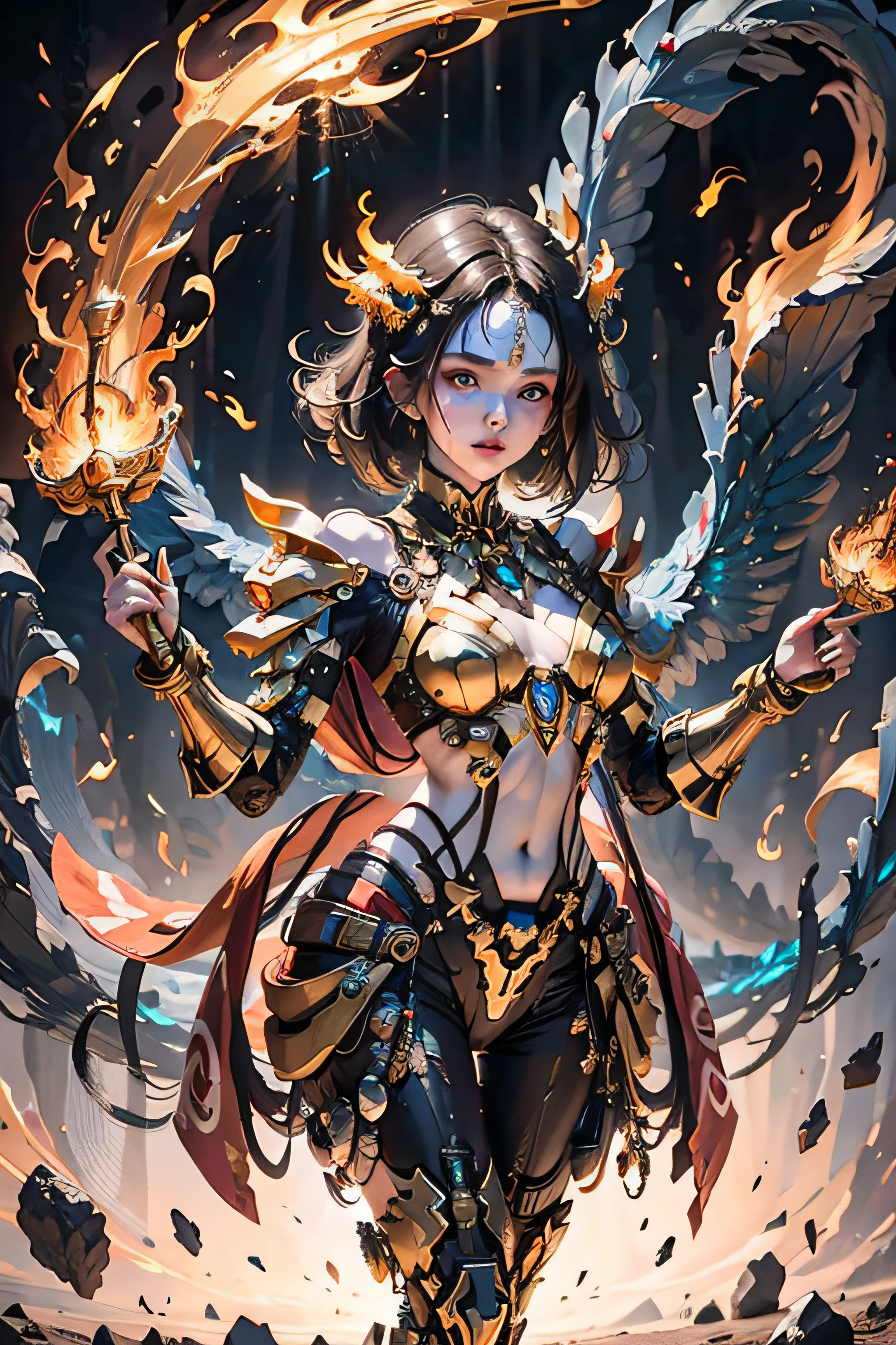 a beautiful demonic sorceress casting a fire spell,((holding a long golden majic staff)), standing and looking at the onlookers, several burning currents around her,(((detailed perfect face)))), light smile, beautiful face, seductive body, tall body, mature body, fiery aura BREAK, fireballs, dazzling orange and yellow spark around, small blue phoenix flying in the background,  lava on the floor, magma, sexy body BREAK, detailed, realistic, 4k highly detailed digital art, octane rendering, bioluminescent, BREAK 8K concept art resolution, realism, by studios Mappa, masterpiece, best quality, official art, illustration, ligne claire, (cool_color), perfect composition, absurdists, fantasy, focused, rule of thirds,