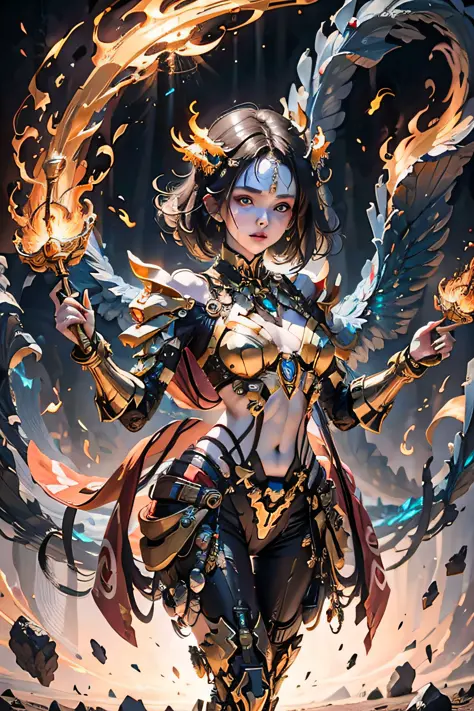 a beautiful demonic sorceress casting a fire spell,((holding a long golden majic staff)), standing and looking at the onlookers,...