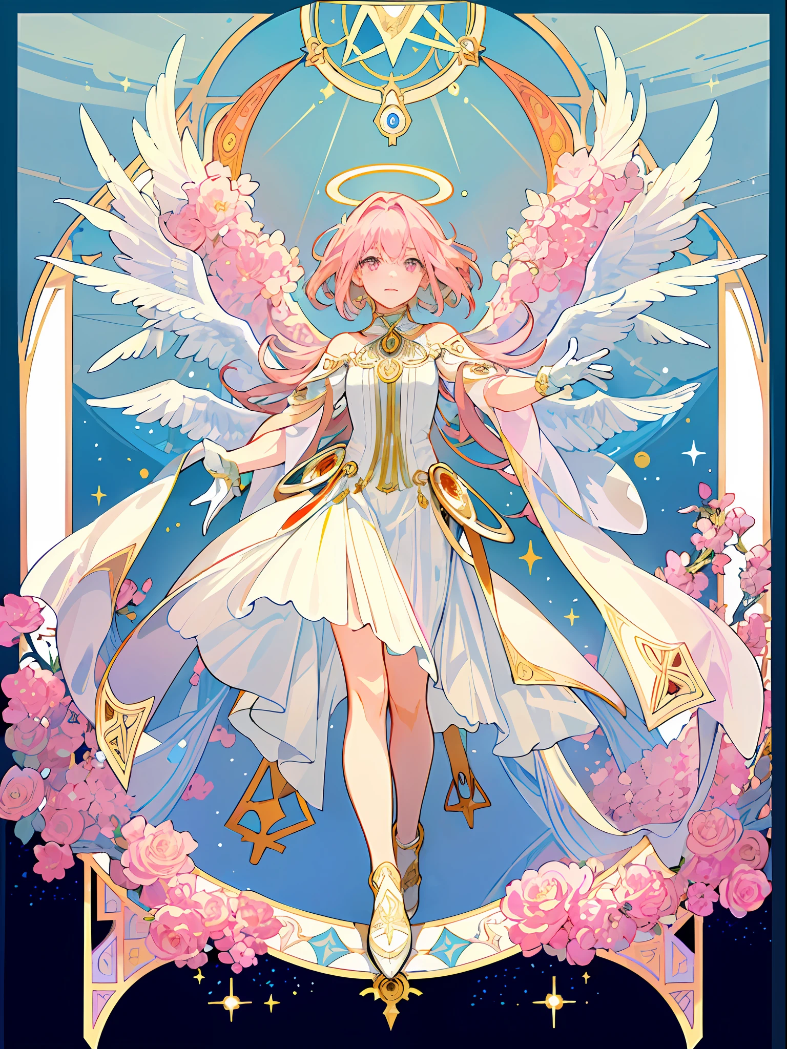 ((masterpiece,best quality)),(1girl, solo:1.4),beautiful detailed eyes, vivid, cinematic light, full_body, pink_flowers, (tarot_card), intricate, detailed background, looking_at_viewer, Madoka Kaname, hands reaching out, (flat chest), (walking), casual pose, posing, (white_gloves), (pink_eyes), white feathers, sparkles, glitter, celestial, outerspace, by alphonse mucha, (gold frame), halo, (tarot border)
