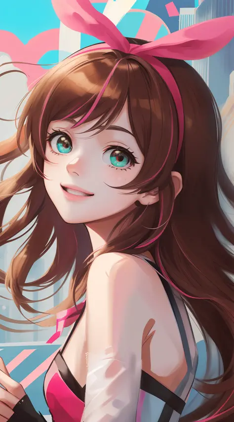 masterpiece, best quality, highres, 1girl, kizuna ai, small breasts ,long hair, brown hair, multicolored hair, floating hair, pi...