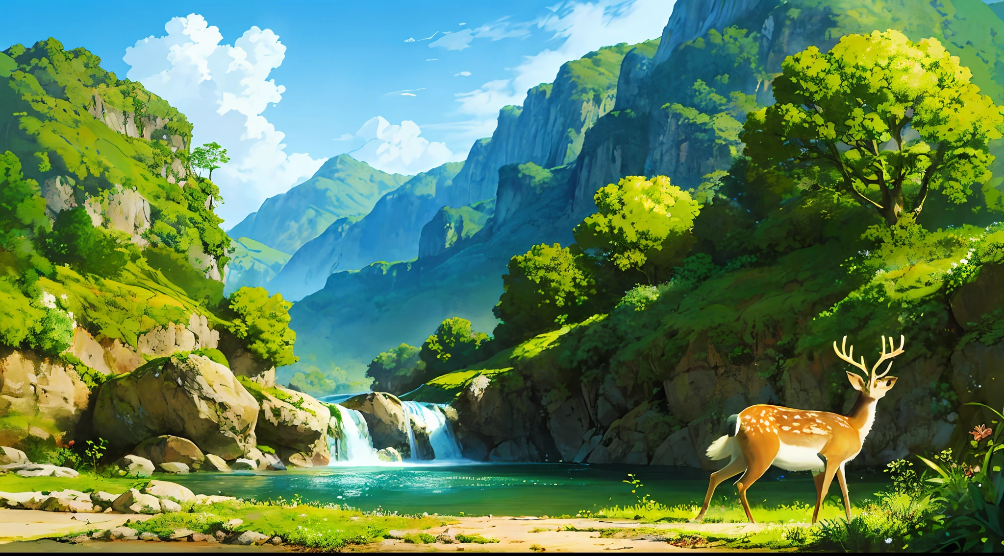 paisaje con un ciervo, cielo nublado, en un bosque, cascada y río