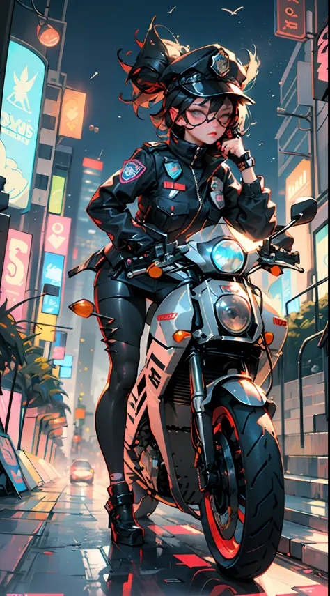 Beautiful woman medium hair, wearing cap, cyberpunk style short clothes, cyberpunk police woman, tomboy, Traffic Police, flying futuristic police motorcycle, police hovercycle patrol, night, neons