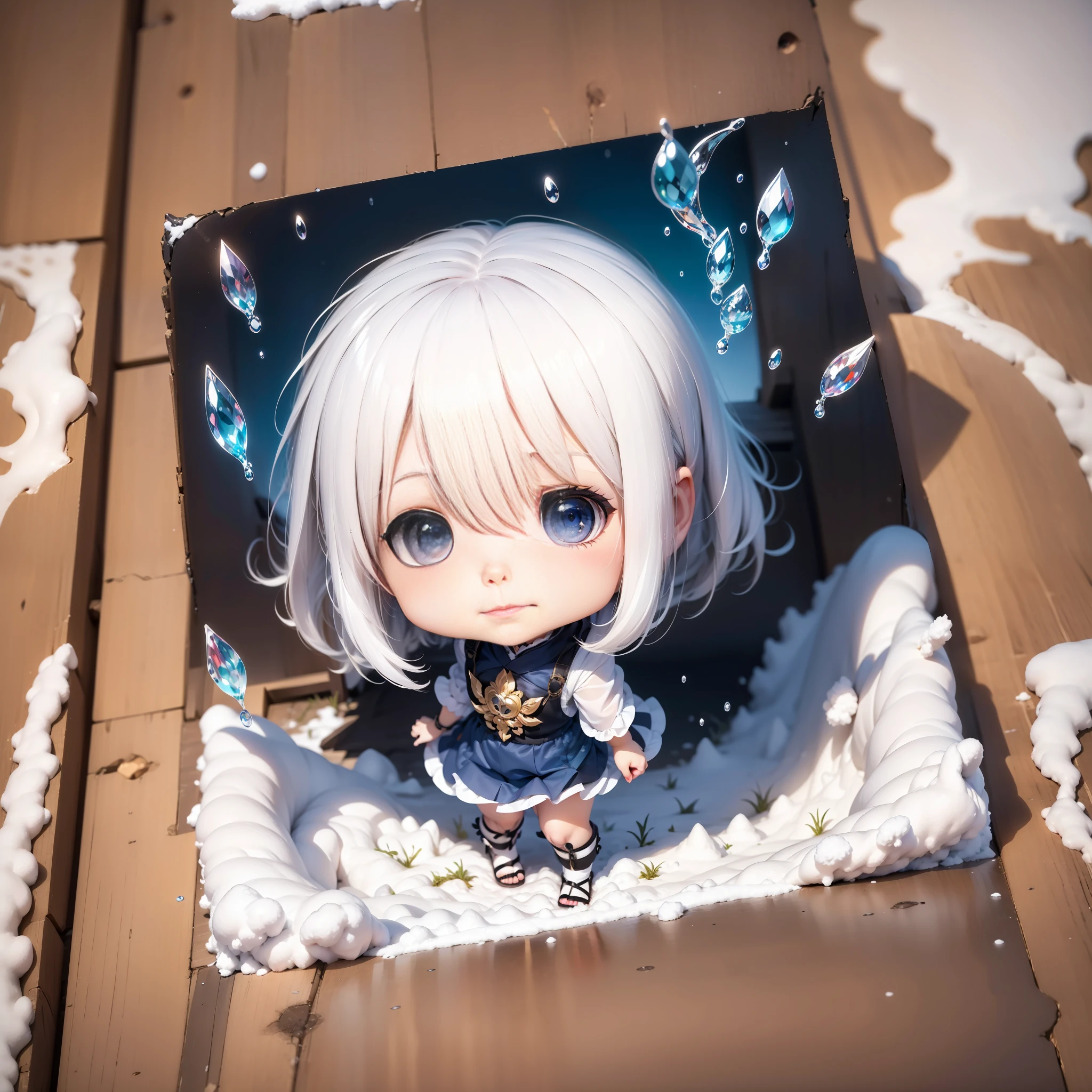 Anime-Mädchen mit weißen Haaren und blauen Augen, das im Schnee steht, Splash Art Anime , Wasserfarbe Nendoroid, 4 K Manga-Hintergrundbild, Anime-Kunst-Tapete 8 K, Anime-Kunst-Hintergrundbild 4k, Anime-Kunst-Tapete 4k, Chibi Anime Mädchen, Anime-Stil 4k, 4K-Anime-Hintergrundbild, style as nendoroid, weißhaarige Gottheit