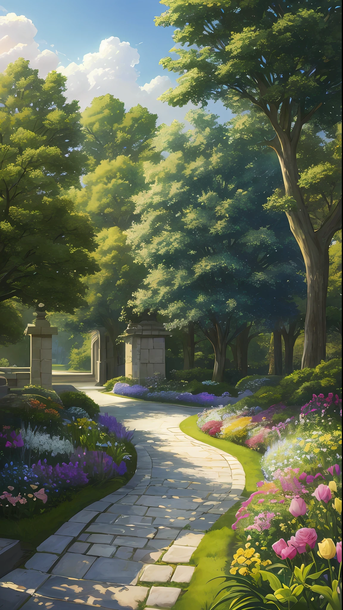 Masterpiece, best quality, no humans, castle garden, trees, summer, flowers, bushes, roses, clouds, sky, stone path, big tree, bees, butterflies, hyperrealistic, detailed background, depth of field, rimlighting, specular highlights, bloom, atmospheric lighting