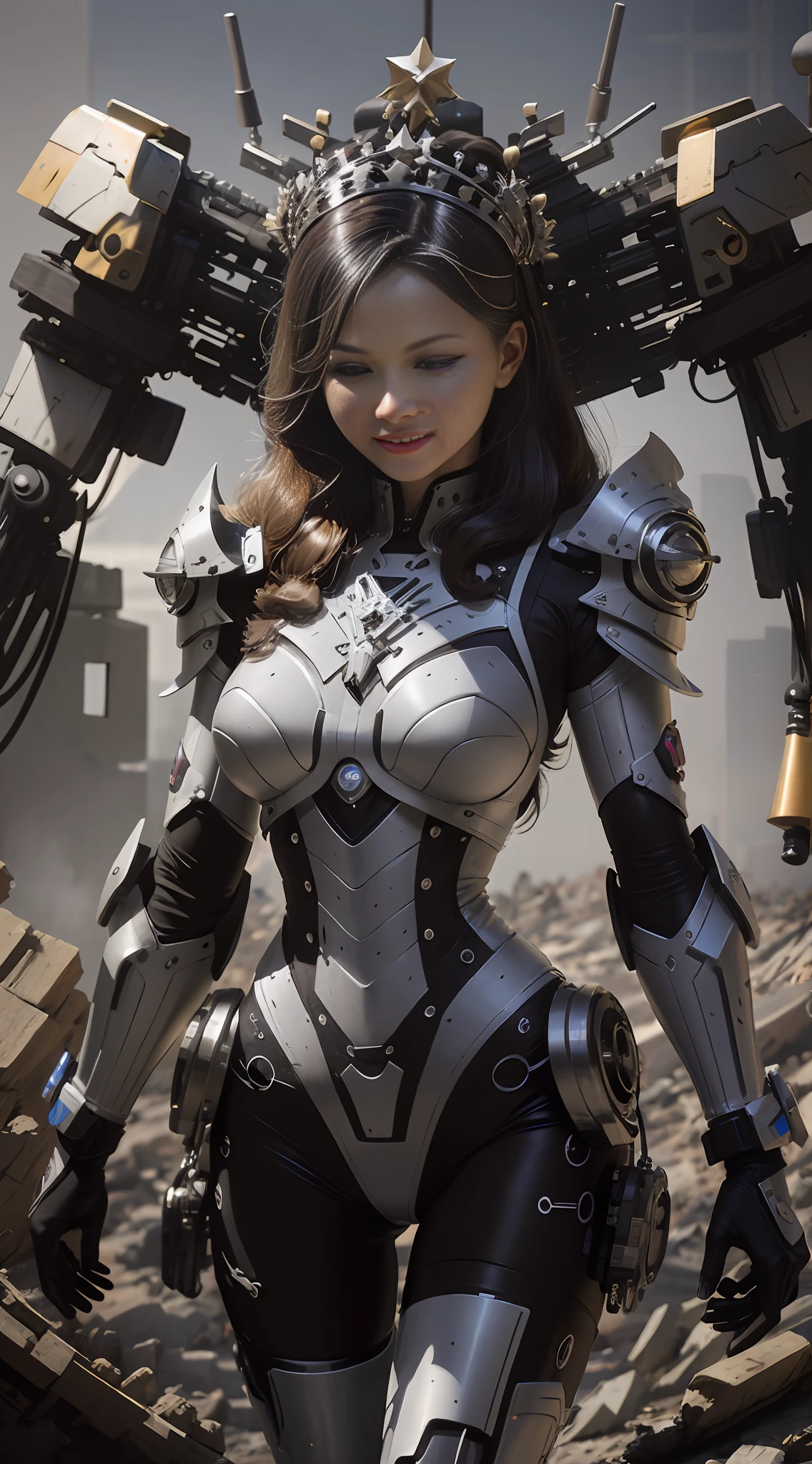 ((Best Quality)), ((Masterpiece)), (Very Detailed: 1.3), 3D, Shitu-mecha, Beautiful cyberpunk woman wearing crown with her mecha in ruins of a city in forgotten war, long silver hair, sci-fi technology, HDR (High Dynamic Range), ray tracing, nvidia RTX, super resolution, unreal 5, subsurface scattering, PBR texture, post-processing, anisotropic filtering, depth of field, maximum sharpness and sharpness, multi-layered texture, Albedo and specular mapping, surface shading, accurate simulation of light-material interactions, perfect ratios, octane rendering, duotone lighting, low ISO, white balance, rule of thirds, wide aperture, 8K RAW, high efficiency sub-pixels, subpixel convolution, luminous particles, light scattering, Tyndall effect