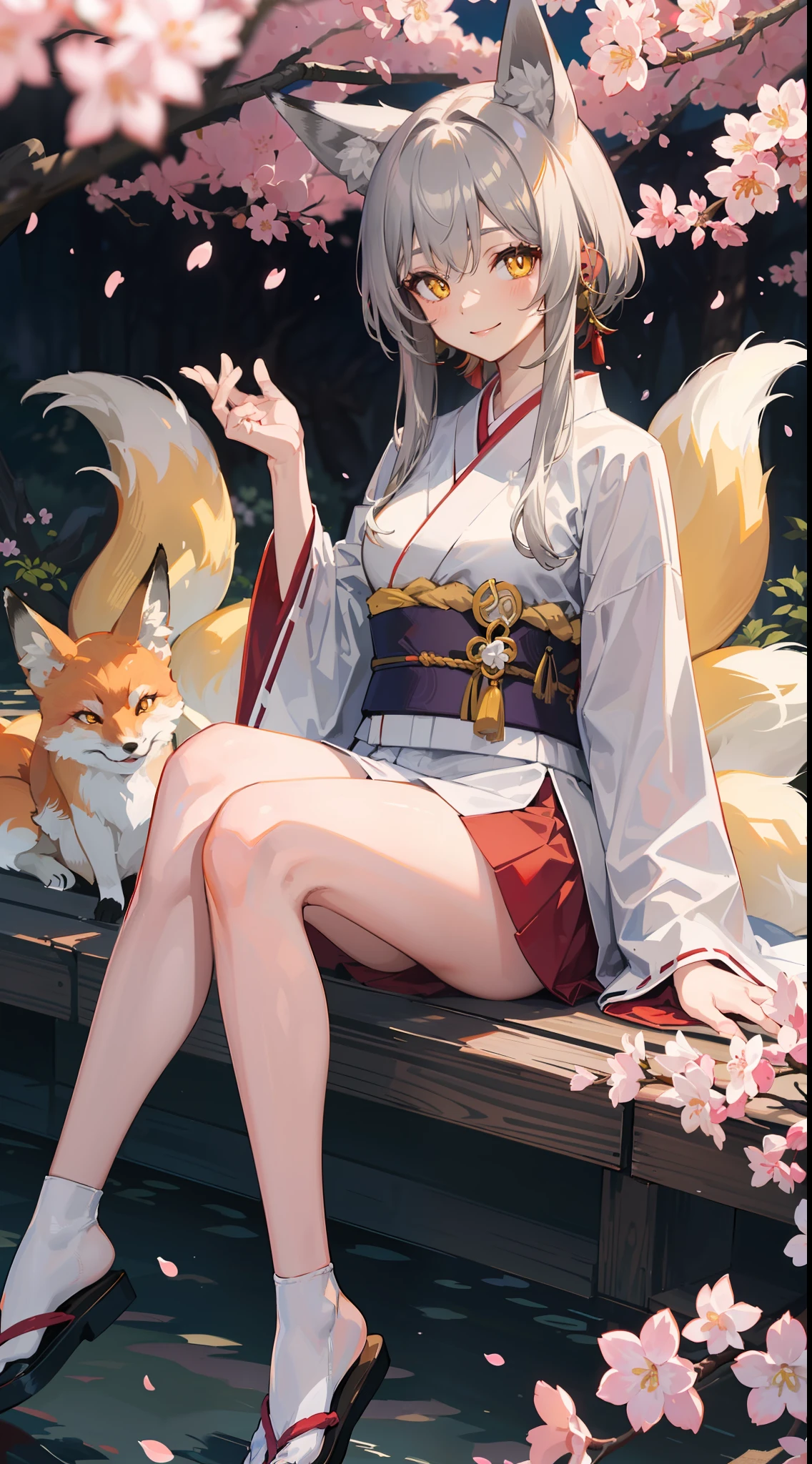 Under the cherry blossom tree was a fox-eared girl with gray hair and yellow eyes with sharp pupils, she was wearing white covered gold kimono, sitting with a beautiful smile, she is fox girl with 9-tails, 8k, beautiful scenery ((no other ears but fox ears))