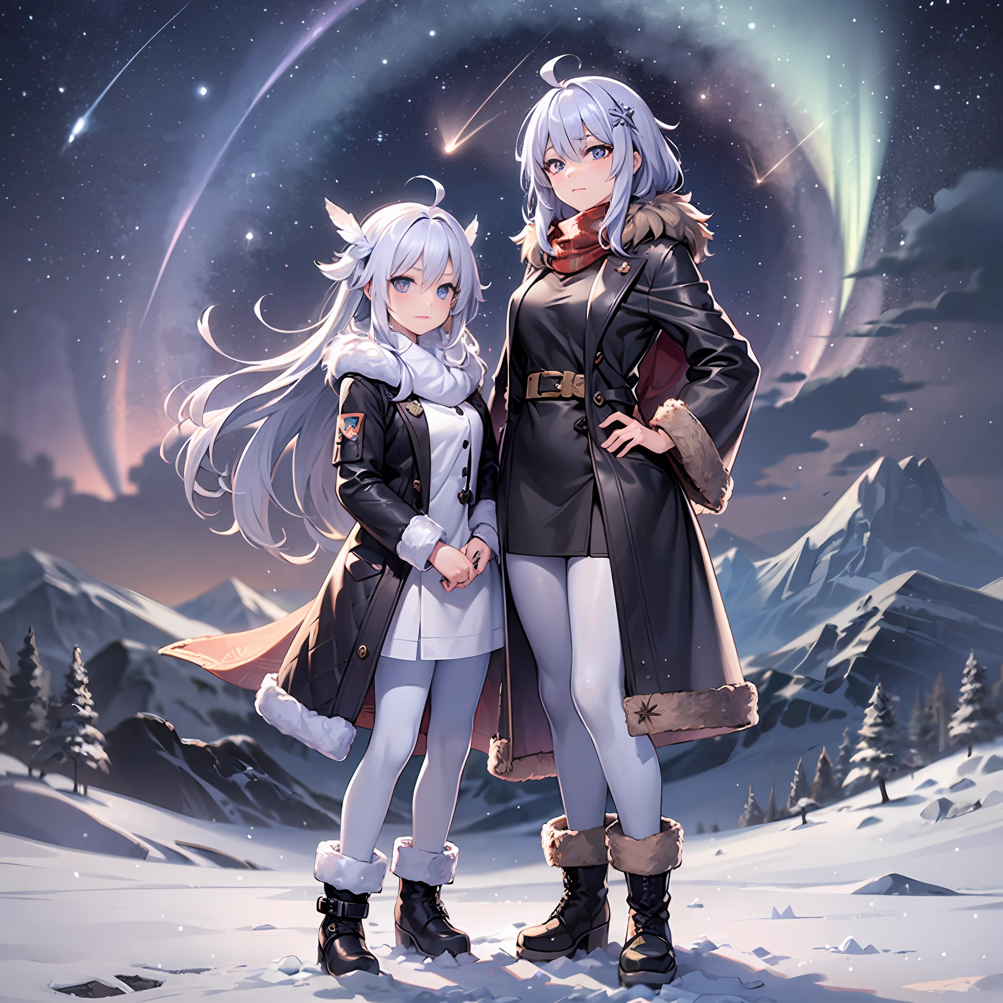 landscape, (glacier:1.3), vibrant nebula sky, Northern Lights,night sky,  (shooting star:1.1), (panorama:1.2), (in winter:1.25),  castle, mother and daughter, full body, looking afar, ((fur-trimmed dress:1.2), (fur-trimmed legwear:1.2), (boots:1.15):1.2), (gradient hair, [white hair:light blue hair:0.7]:1.2), heart ahoge,  snowflake hair ornament, (blue eyes:1.15), eyelashes, gradient eyes, (glint:1.3), scarf, marshmallow, feather,penguin