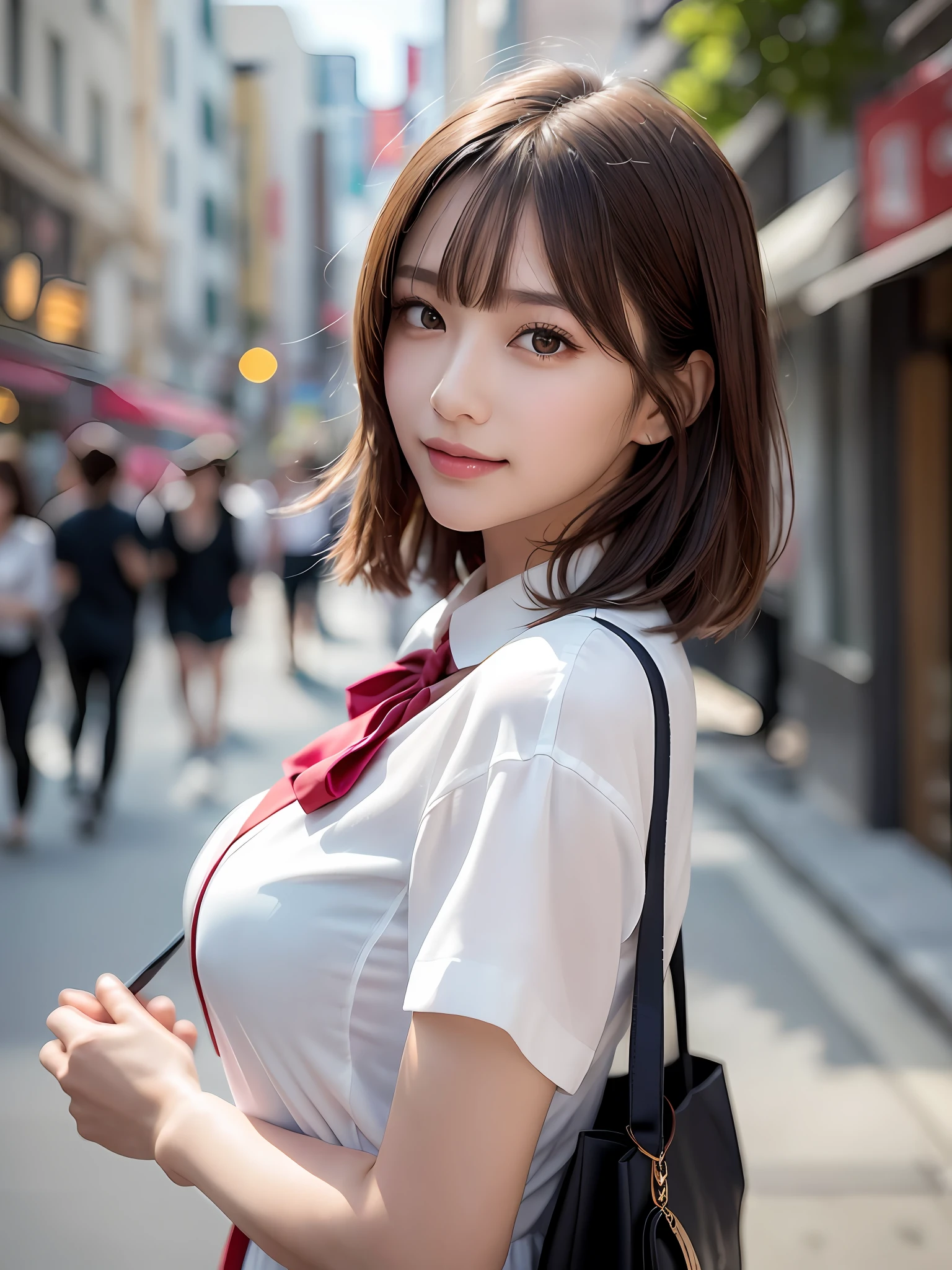 Meisterwerk, Oberkörperaufnahme, Vorderansicht, junge hübsche Frau in Japan, 18 Jahre alt, in der Menge auf dem Boulevard stehen, ein breites Lächeln mit einer großen Einkaufstasche auf der Schulter, glamouröse Figur, trägt ein seidiges Hemd mit kurzen Ärmeln, weißem Kragen und einer glänzenden roten Satin-Fliege, trägt einen langen dunkelblauen Faltenrock, super süßes Gesicht, glänzende Lippen, Doppelte Augenlider für beide Augen, Natürliches Make-up, glänzendes glattes hellbraunes Haar von Long Bob Hair, asymmetrischer Pony, gebräunte Haut, Bild zentrieren, 8k Auflösung, hohe Auflösung, Detaillierte Frisur, detailliertes Gesicht, spektakuläre Filmbeleuchtung, Oktan-Rendering, beschwingt, ultra-realistisch, Perfekte Gliedmaßen, perfekte Anatomie