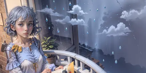 Anime girl in blue princess dress holding yellow handkerchief on balcony, blurry and dreamy illustration, rainy afternoon, dream...